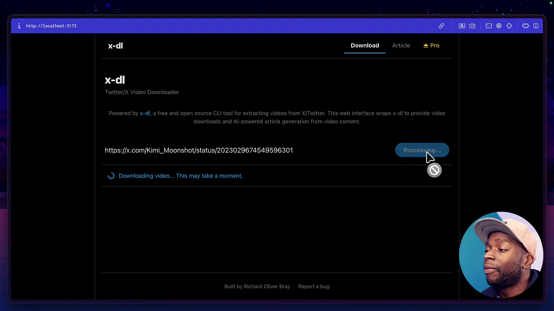 A clear view of the x-dl web application UI, showing the input field for the URL and the "Extract Video" button.