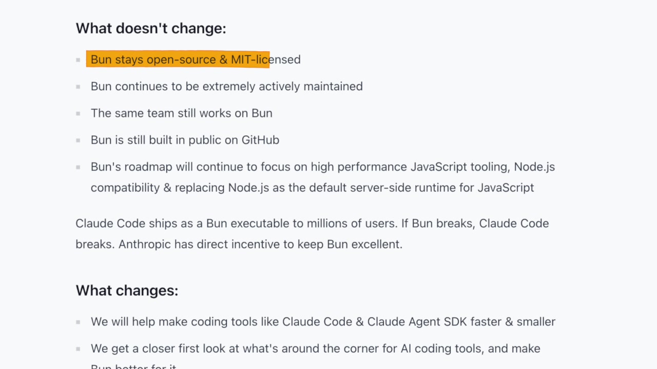 A screenshot of the "What doesn't change" section from the Bun blog post, with the first point "Bun stays open-source & MIT-licensed" highlighted.
