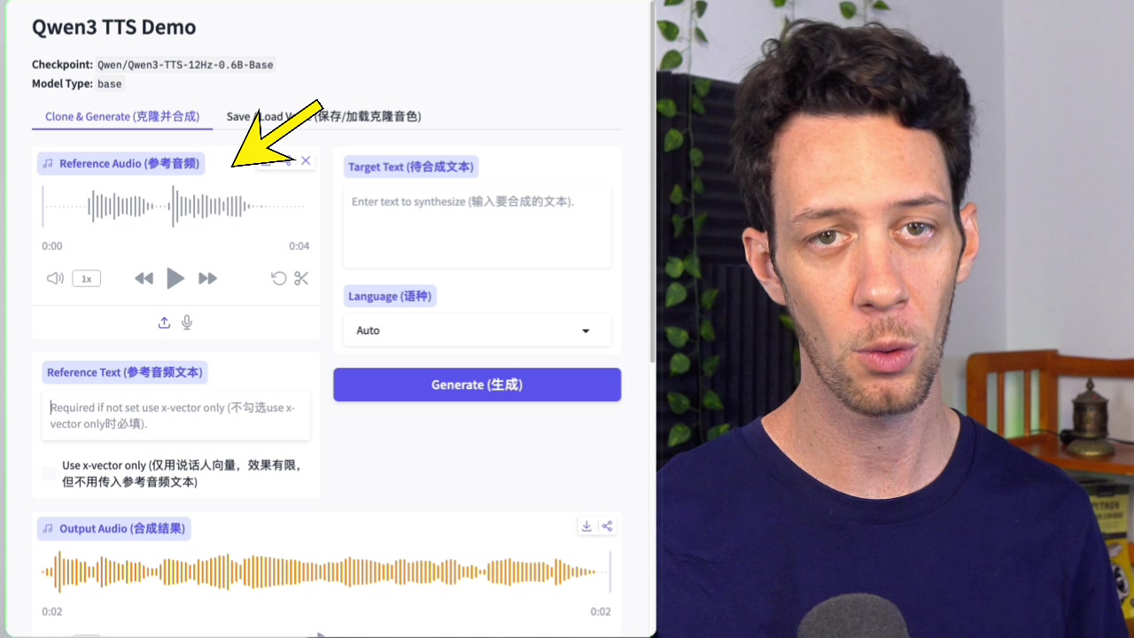 The user interface for the Qwen3-TTS Demo, clearly showing the input fields for "Reference Audio," "Reference Text," and "Target Text."