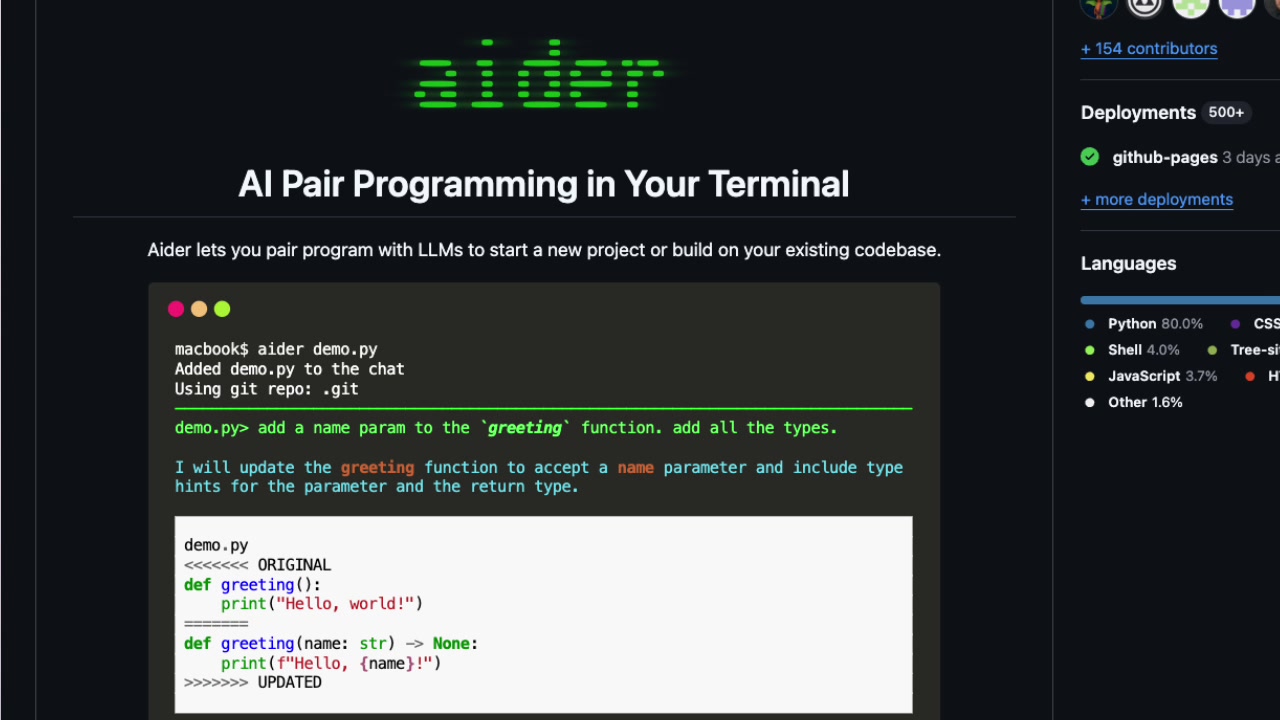 A demonstration of Aider's core functionality, showing how a simple prompt in the terminal leads to a diff with both the original and updated code.