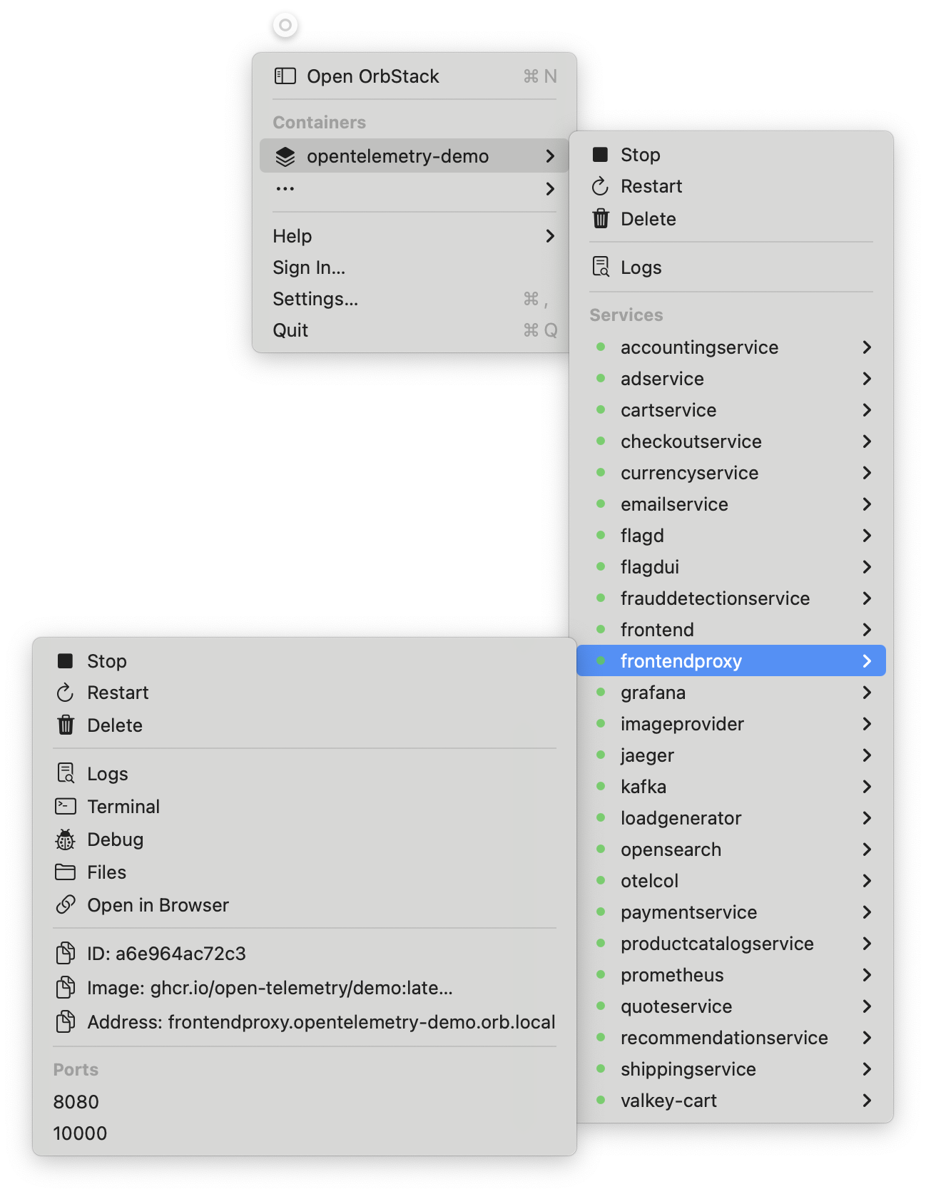 OrbStack menu bar panel showing a list of running services with start/stop options
