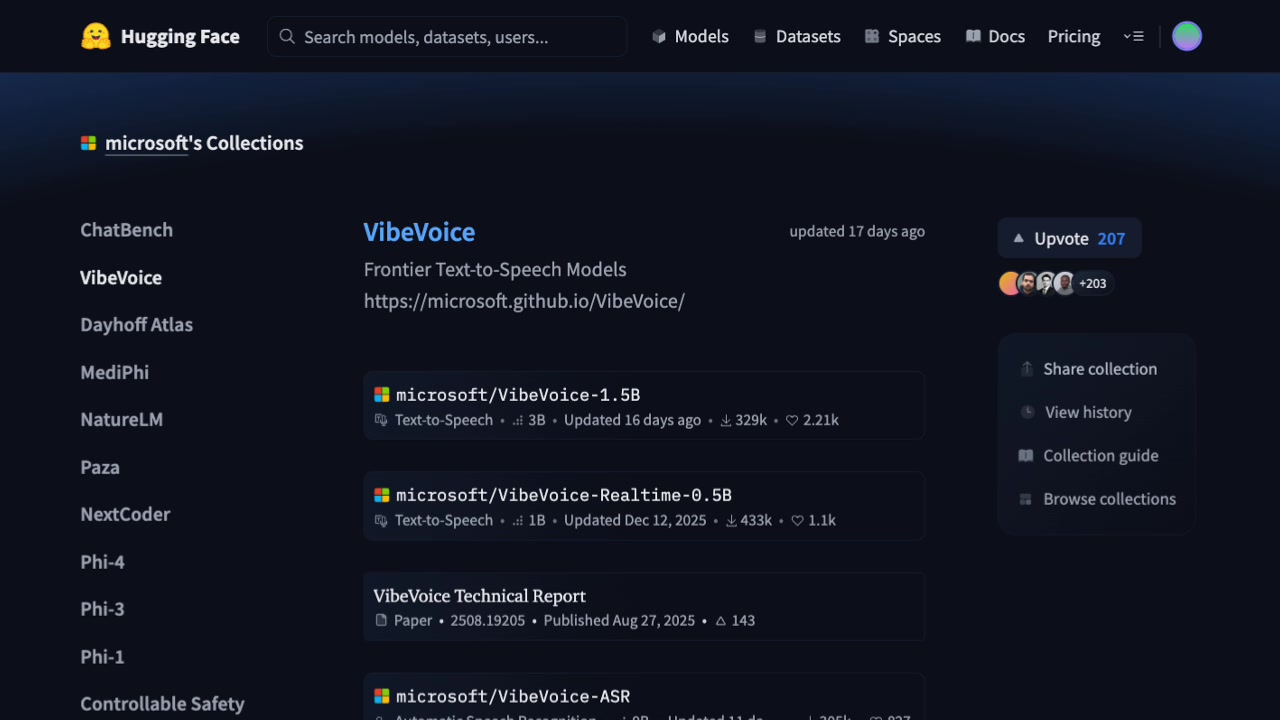 Microsoft's collection of VibeVoice models and resources on the Hugging Face website.
