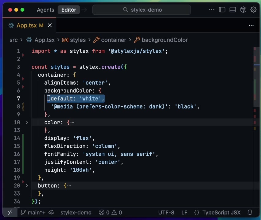 The generated CSS file shows individual atomic classes, demonstrating the core principle of StyleX's build-time compilation.