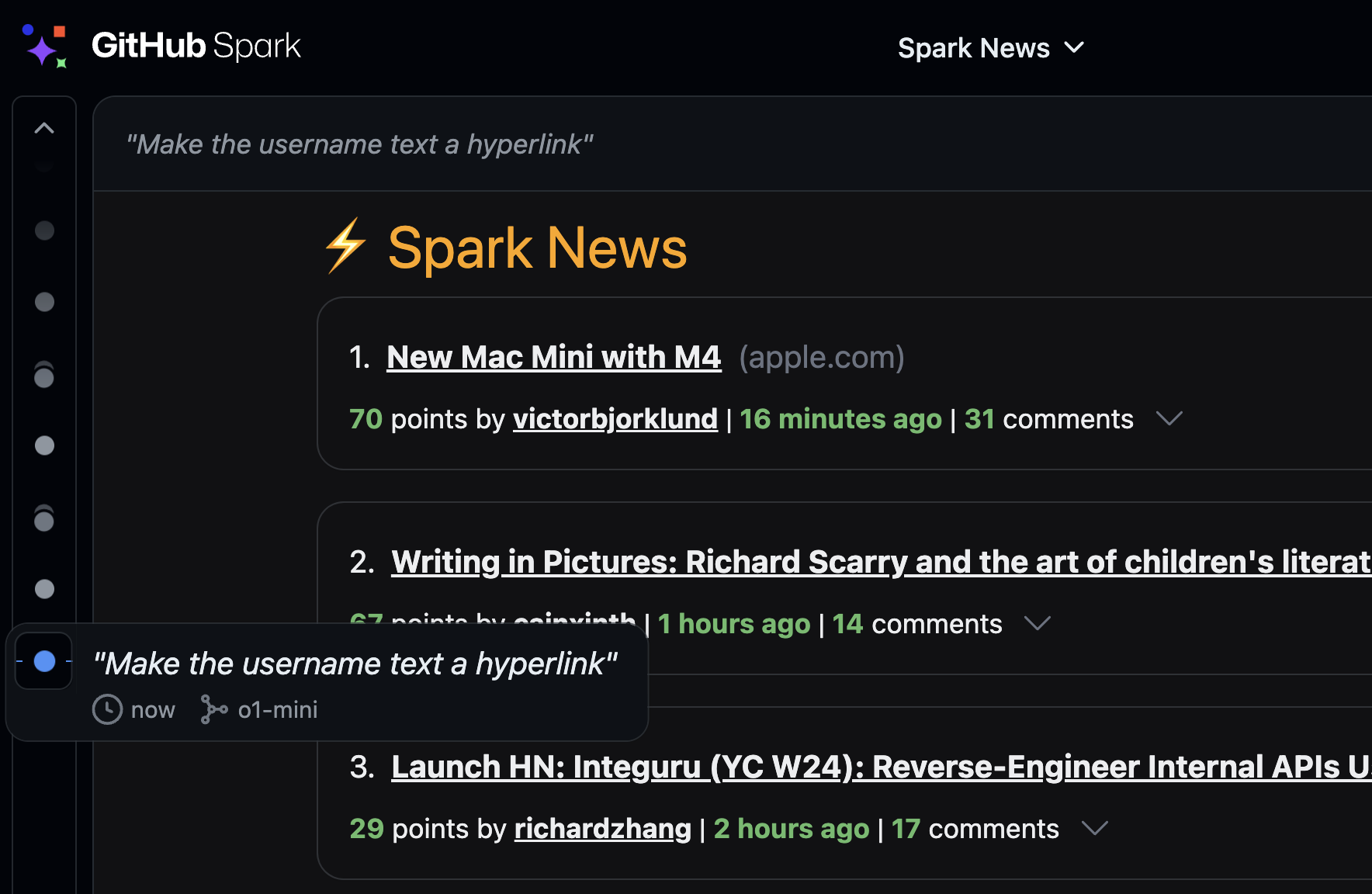 Screenshot of GitHub Spark's automatic history showing revision timeline