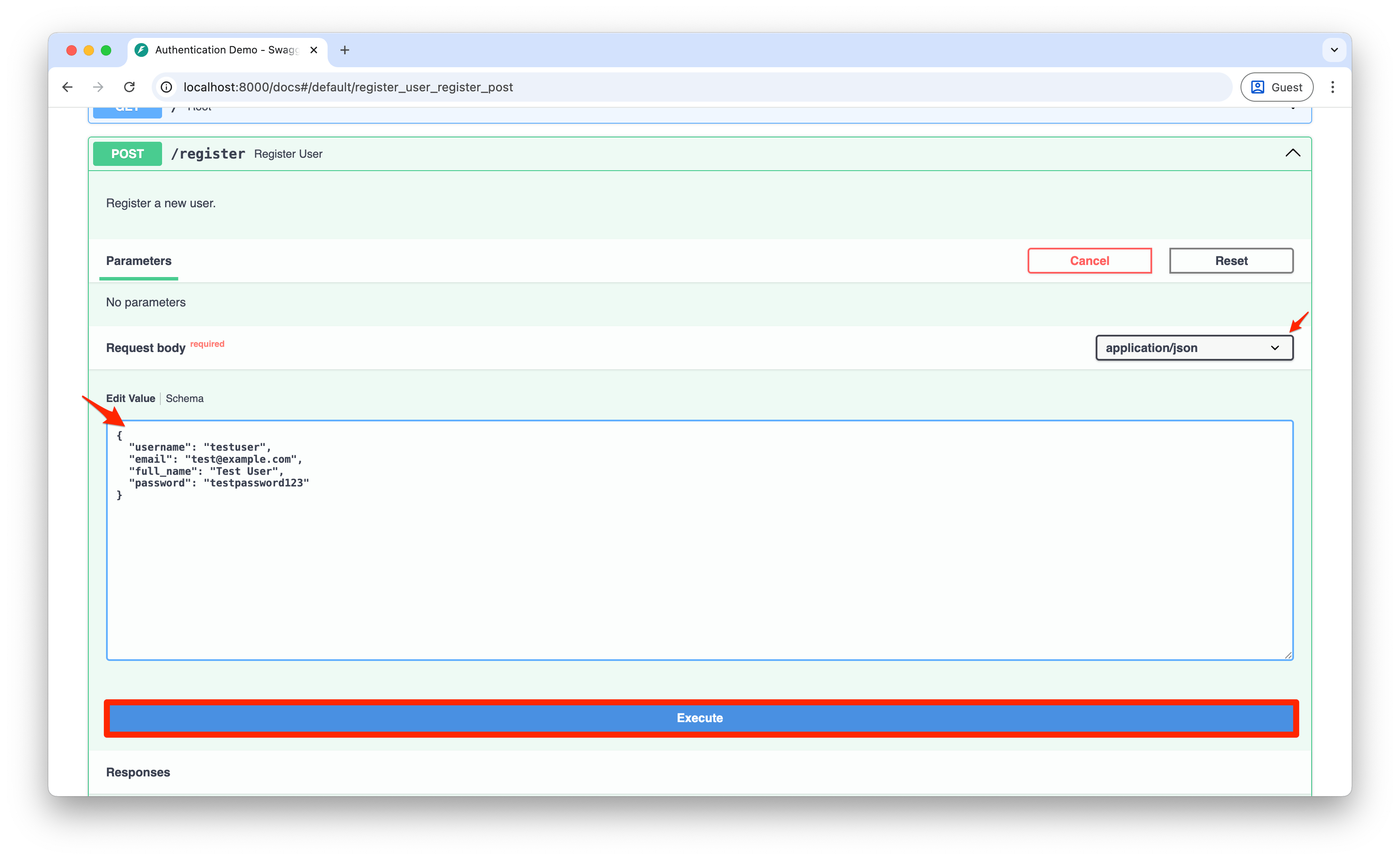 Screenshot showing the registration form filled out with sample data