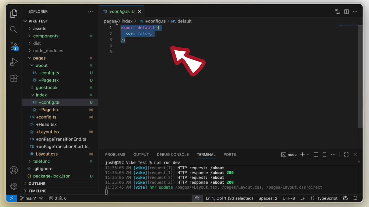 A code snippet in VS Code highlighting the `ssr: false` setting in a `+config.ts` file.