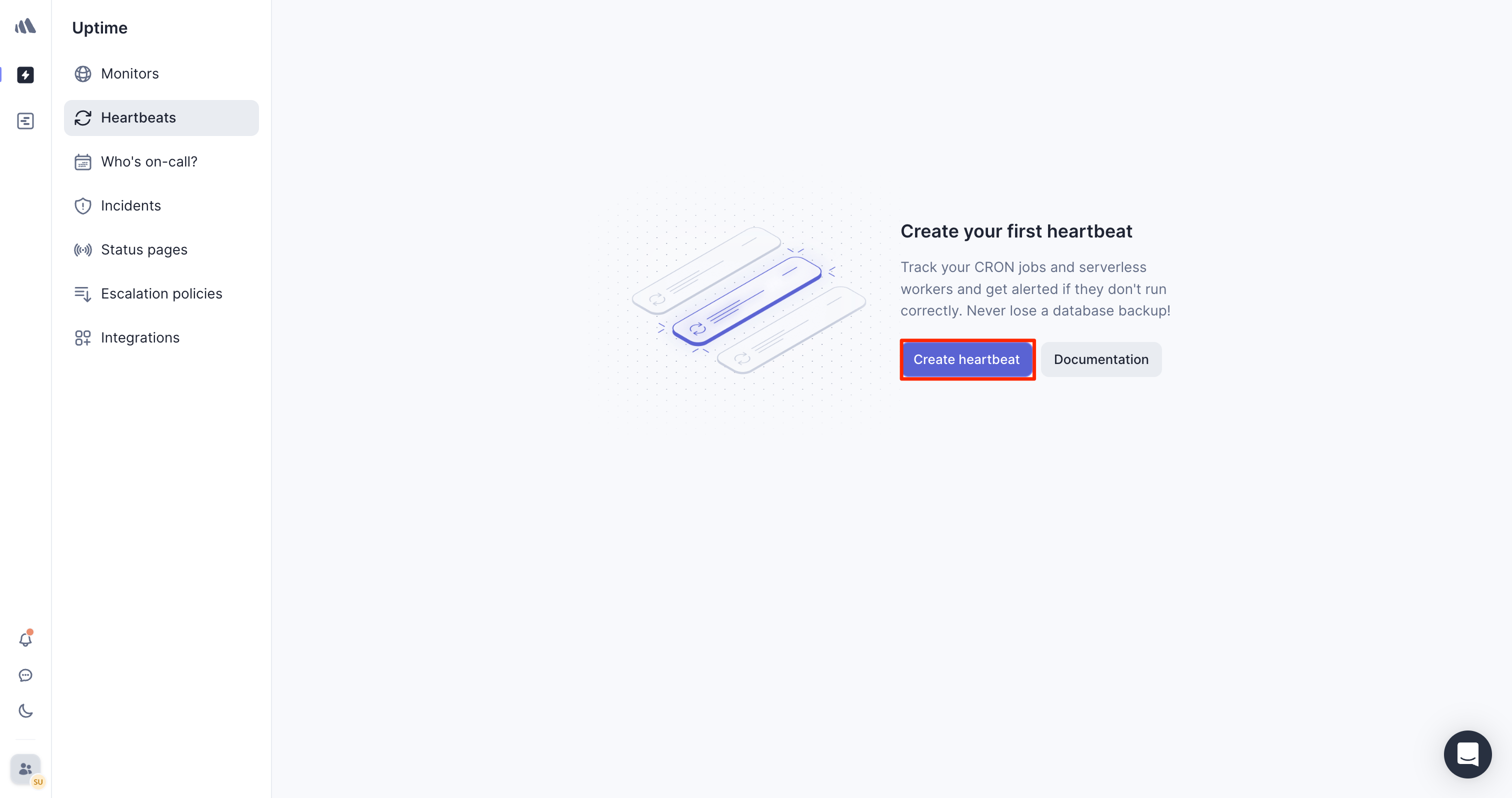 Screenshot of Better Stack UI where you can click **Create Heartbeat**