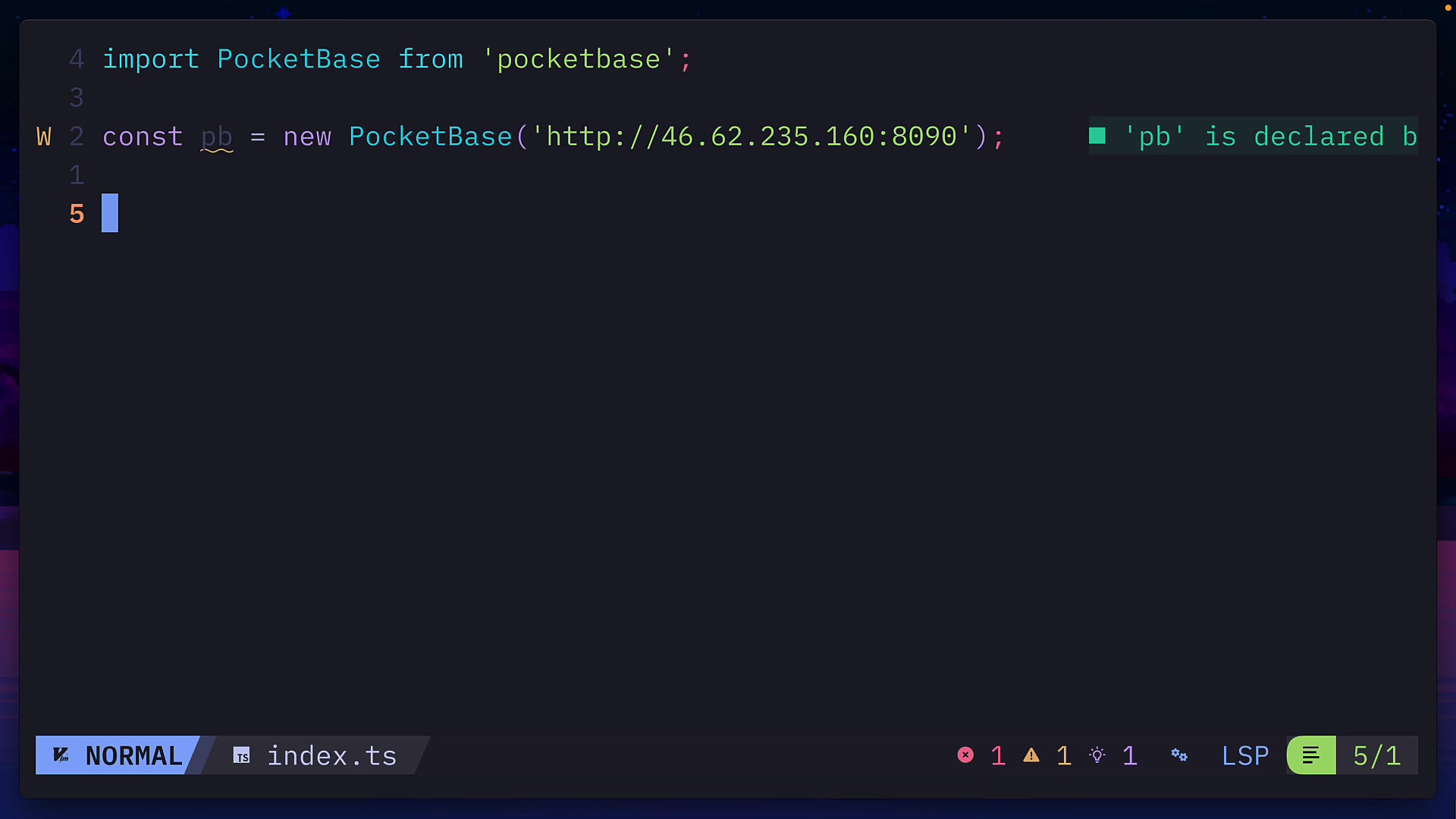 A code editor showing the JavaScript code for creating a new user with `pb.collection('users').create({...})`.
