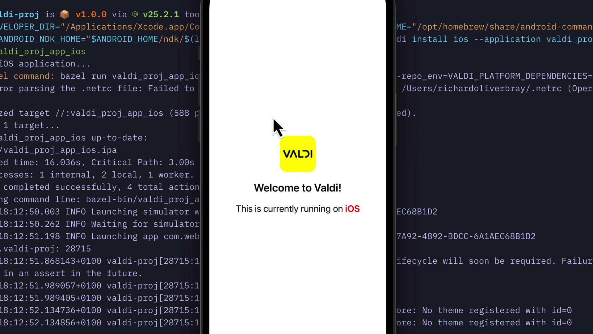 A split-screen showing the Bazel build logs in the terminal on the left and the successfully launched "Welcome to Valdi" app in the iOS simulator on the right.