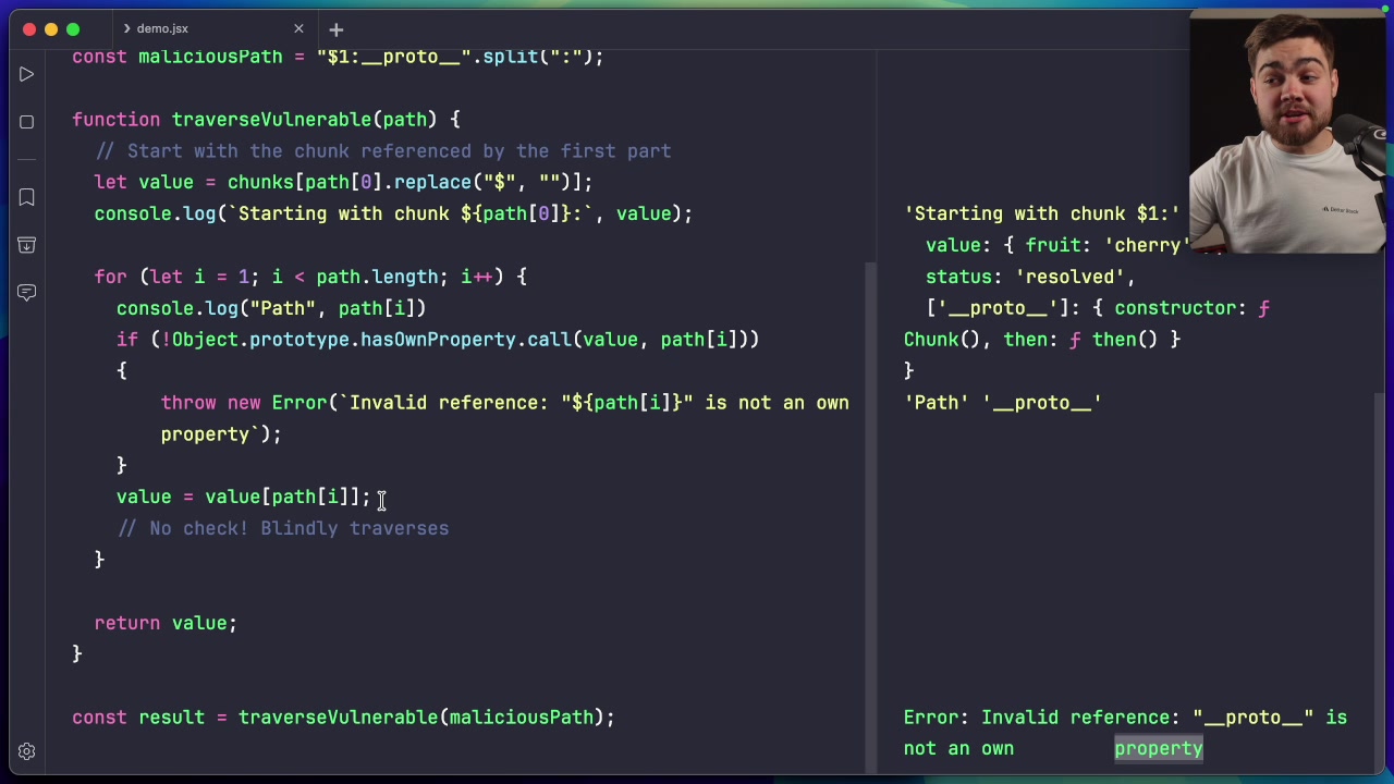 A pseudo-code comparison showing the original vulnerable loop versus the patched loop, which includes an `if` statement with `Object.prototype.hasOwnProperty.call(...)` to prevent prototype traversal.