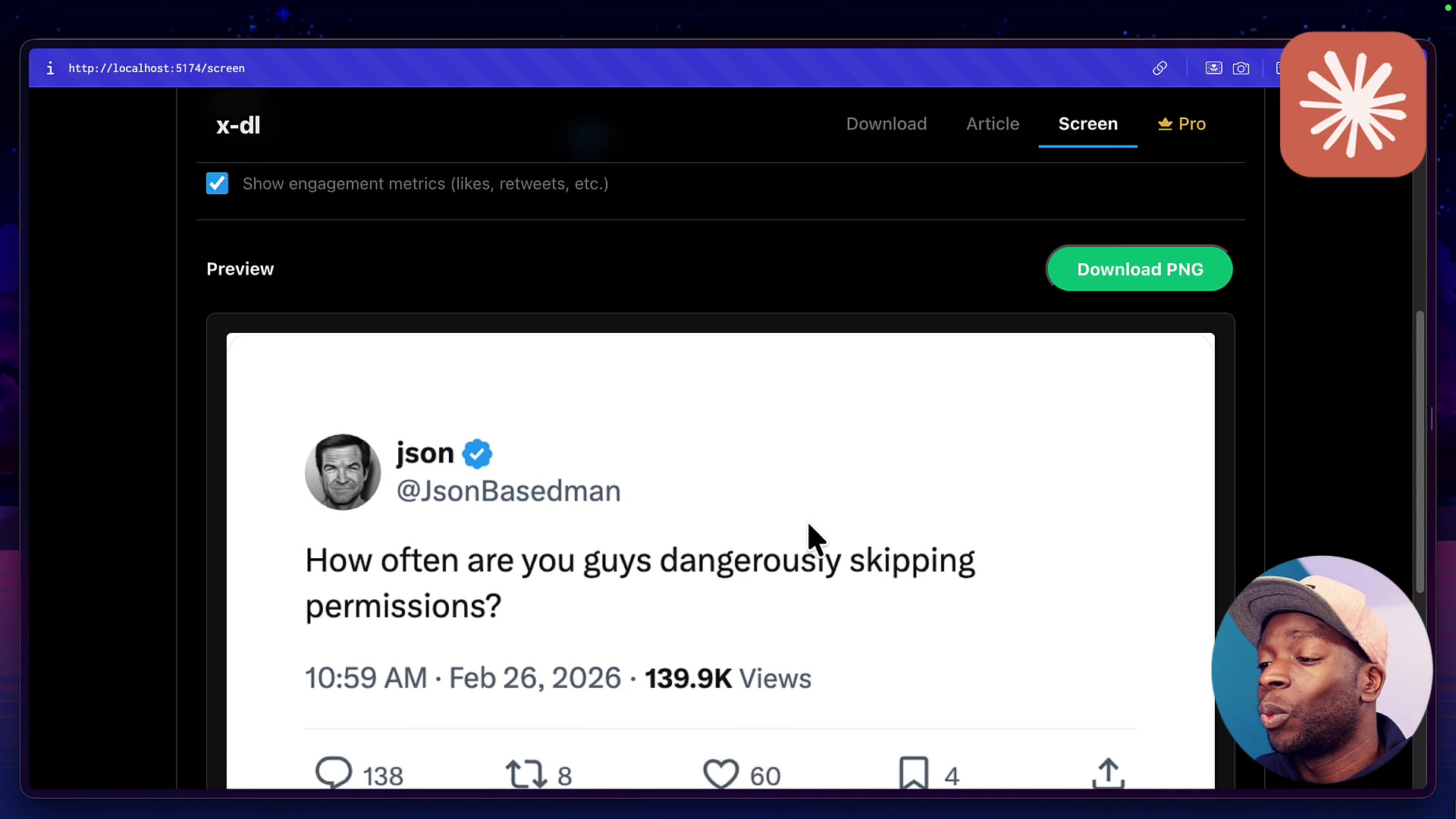 The final, working tweet screenshot feature built by Claude Sonnet 4.5, showing a captured tweet ready for download.