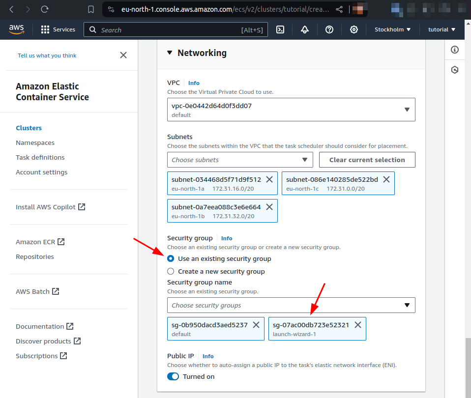 specify security group