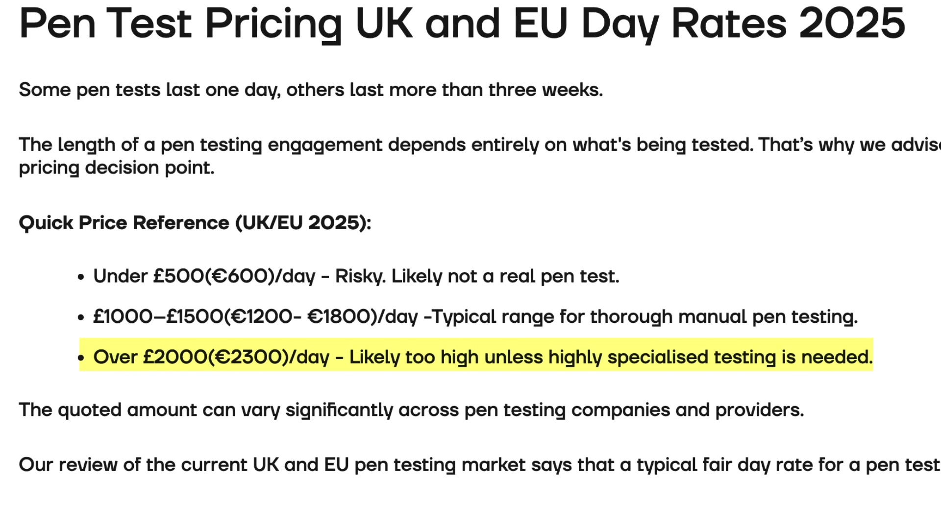 A screenshot showing pen test pricing, with rates often exceeding £2000 (€2300) per day.