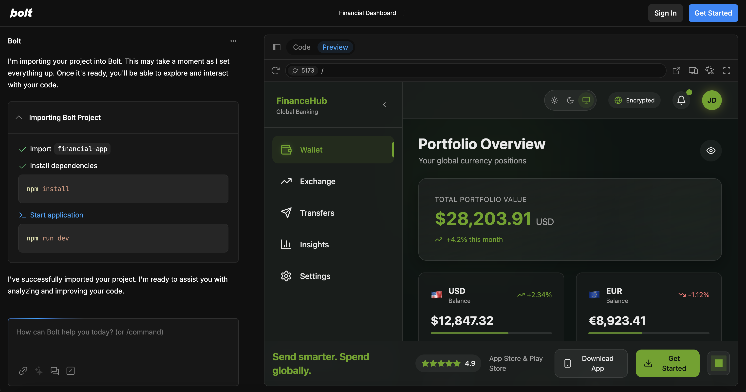 Bolt.new browser-based IDE showing AI-powered code generation with live preview and deployment capabilities