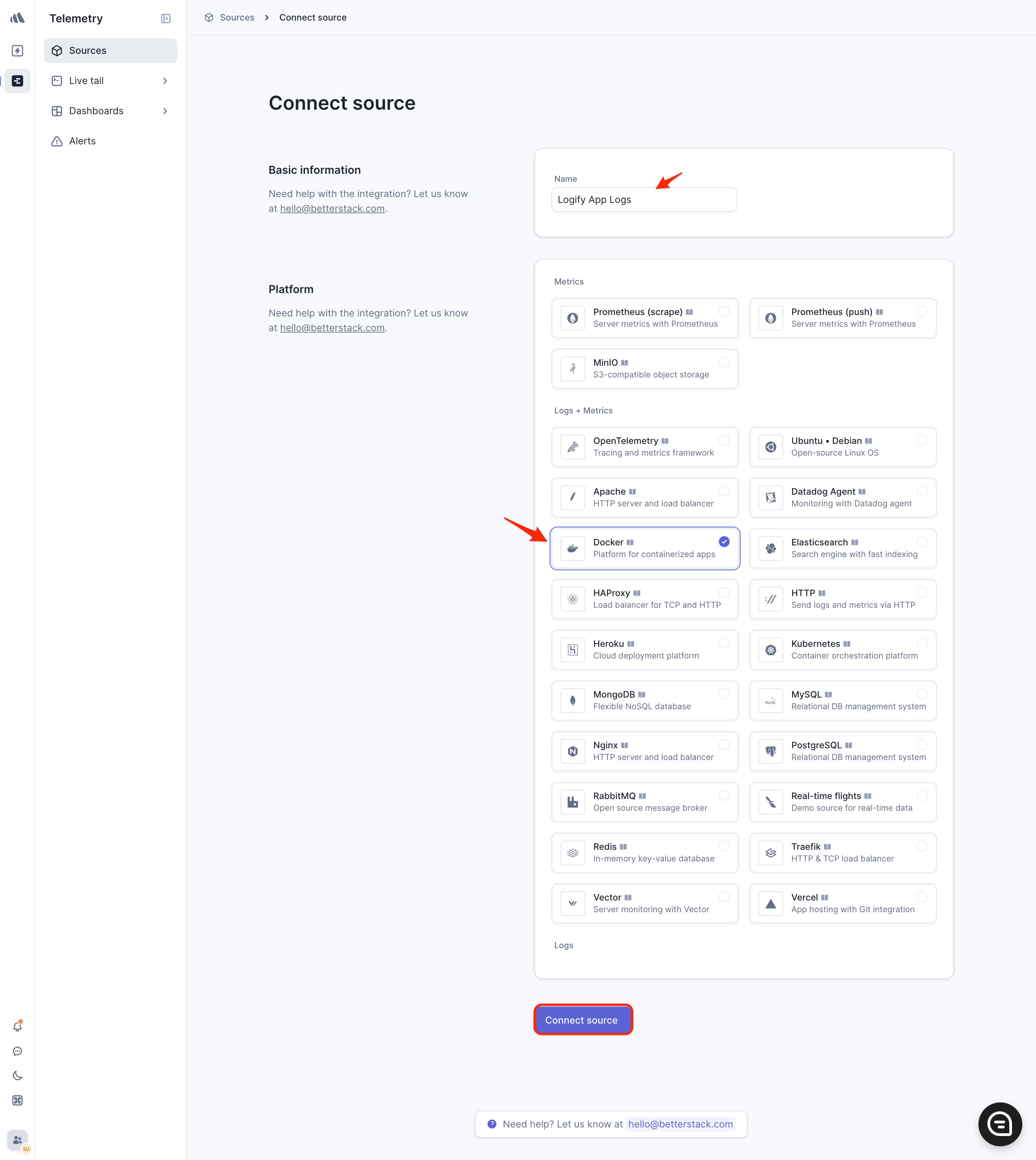 Screenshot of the Better Stack interface with the name field filled as "Logify logs" and the Platform set to "Docker"
