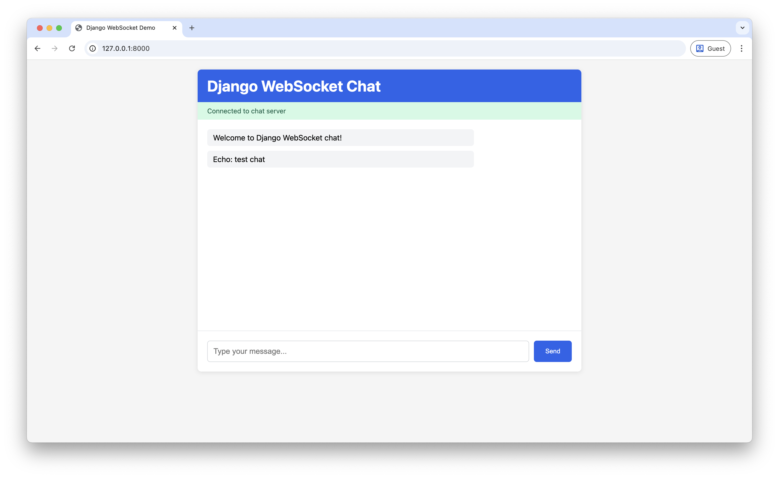Screenshot showing echo message functionality working in Django WebSocket chat
