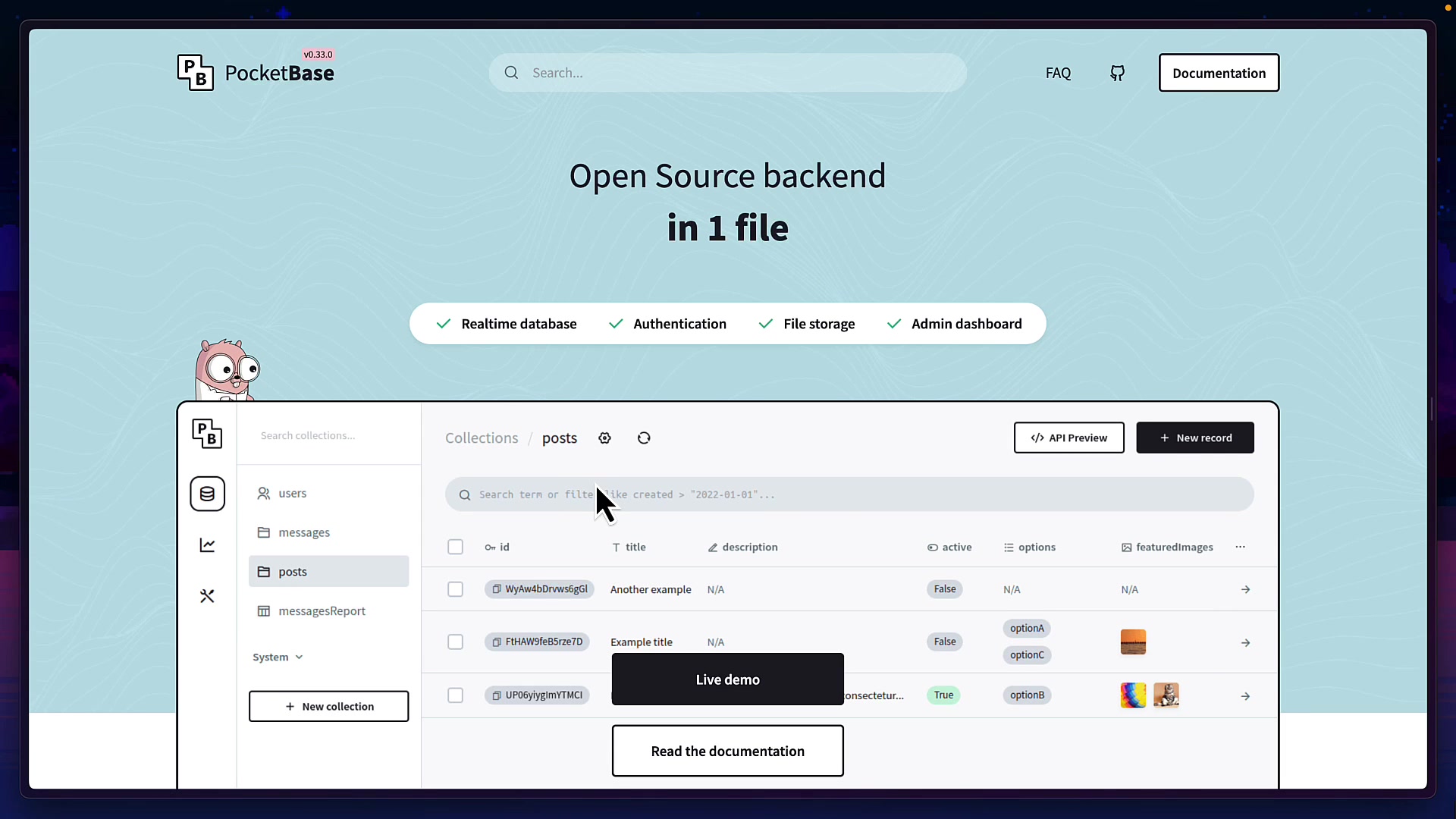 A screenshot of the PocketBase homepage highlighting its key features: "Open Source backend in 1 file" with checkboxes for Realtime database, Authentication, File storage, and Admin dashboard.