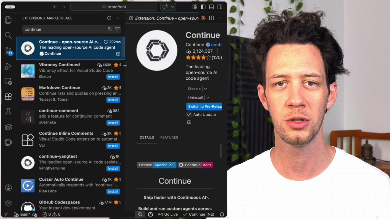 A view of the Continue extension page within the VS Code Marketplace, showing the install button.