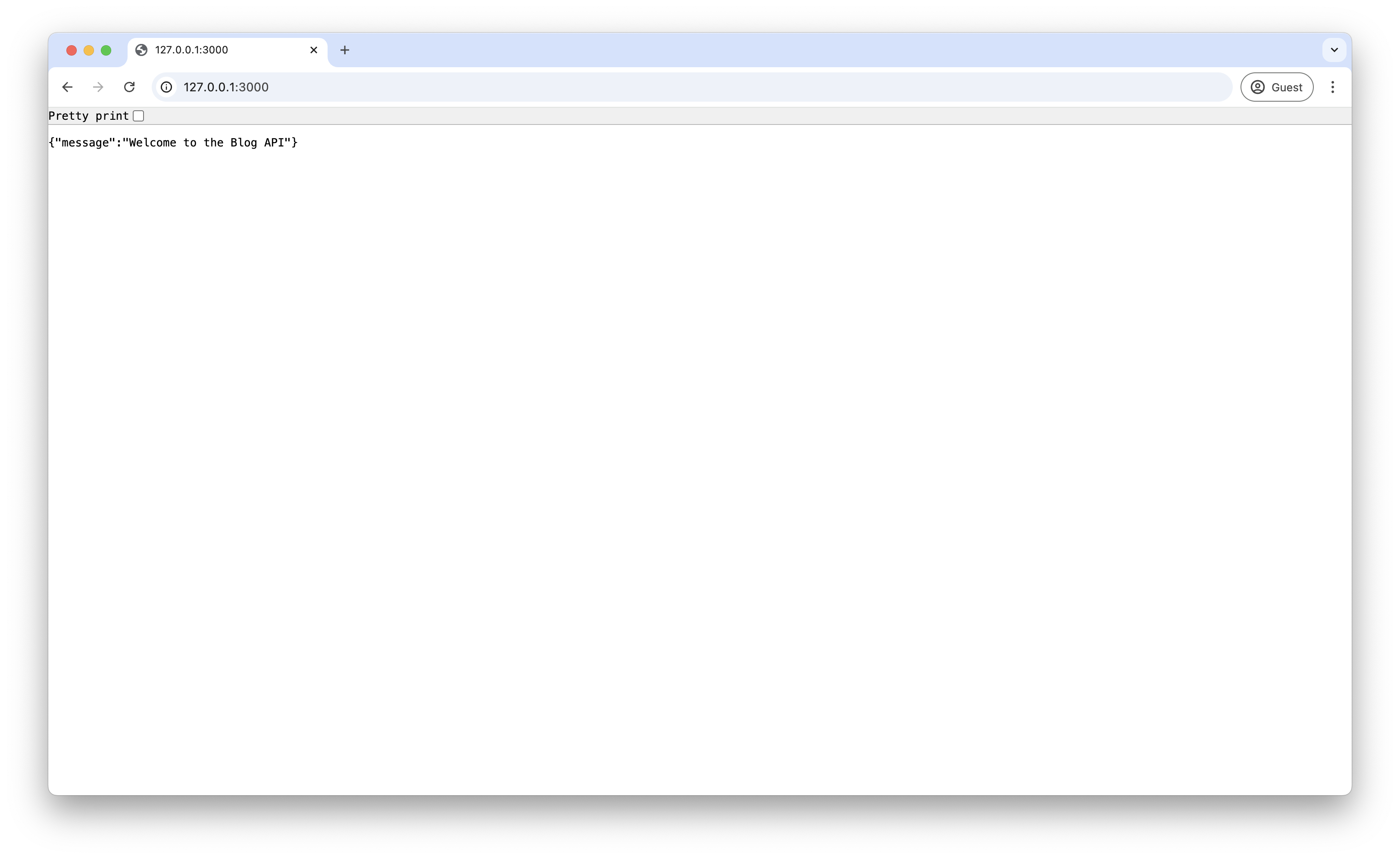 Screenshot of the browser showing the welcome message