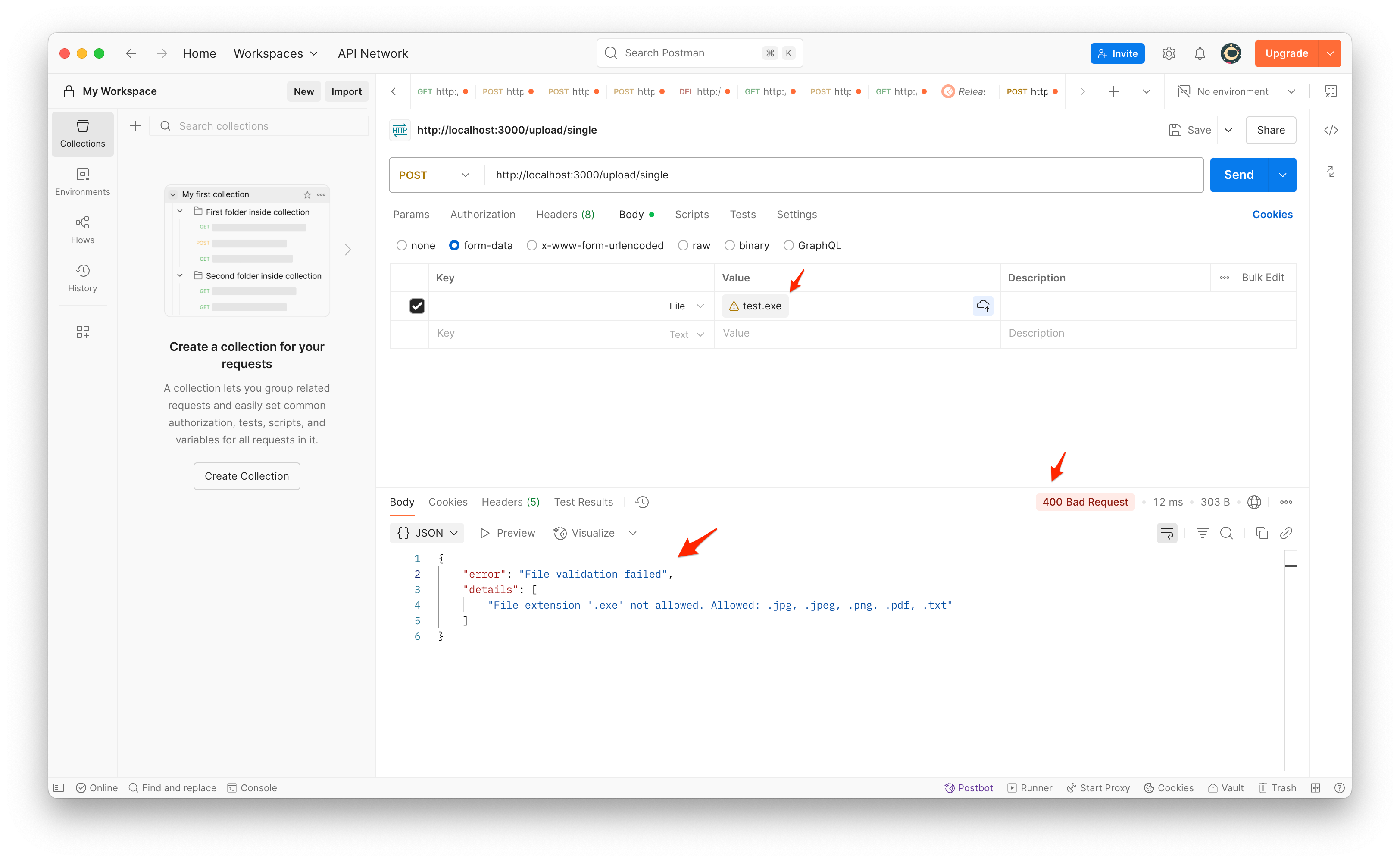 Screenshot showing Postman displaying the validation error response when uploading an invalid file type