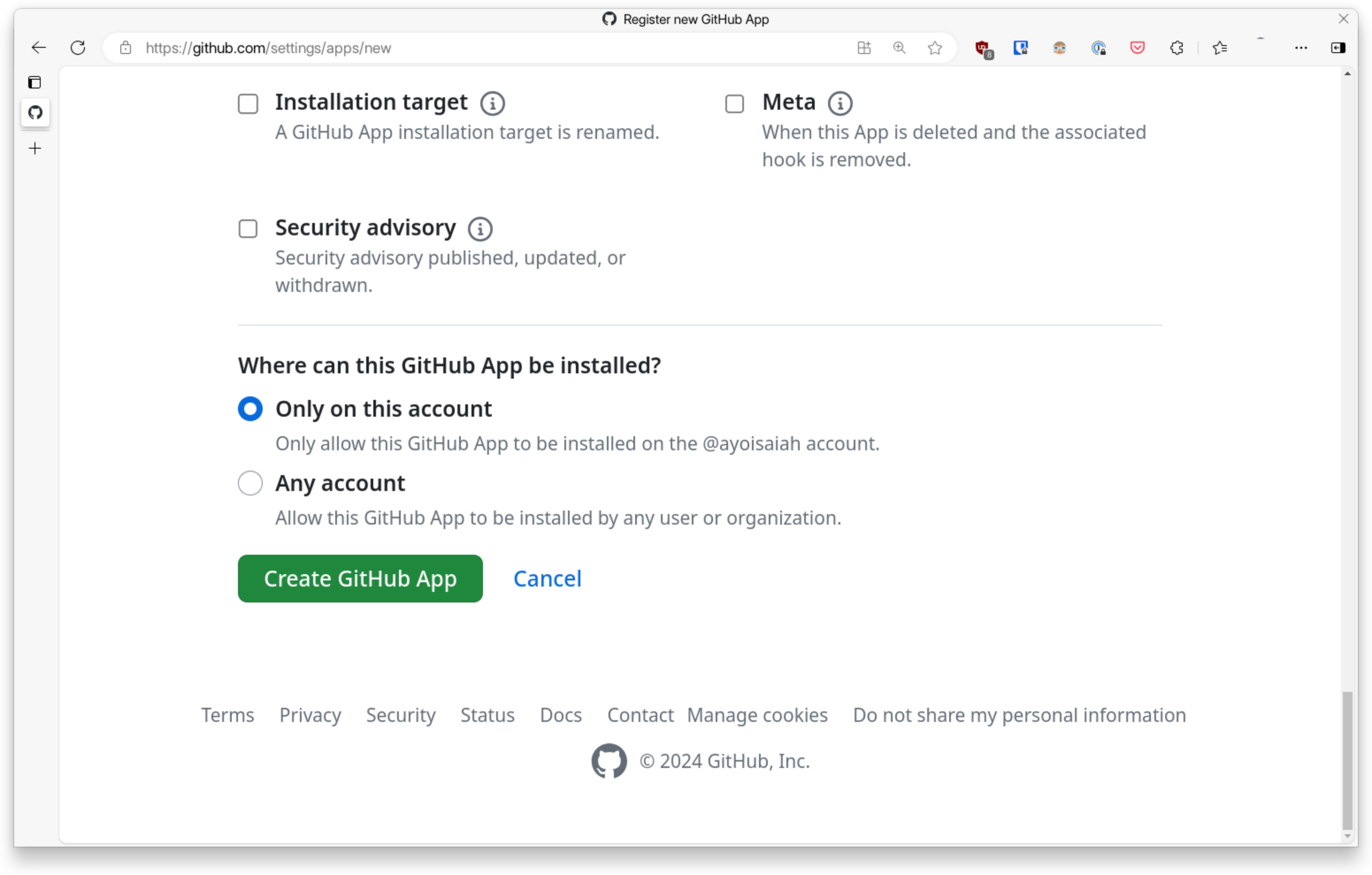 GitHub Create App Button