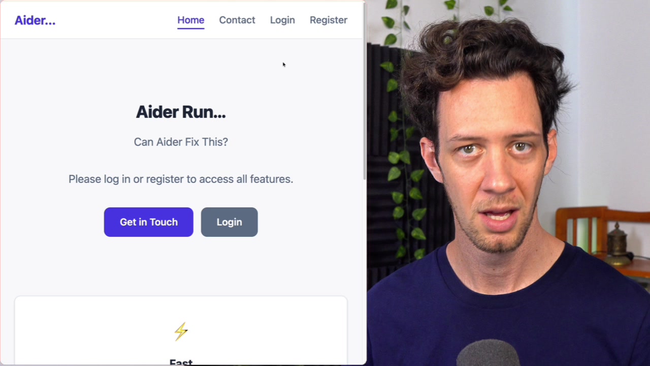 The final Flask application UI after Aider has added the authentication system, now showing "Login" and "Register" buttons in the navigation bar.