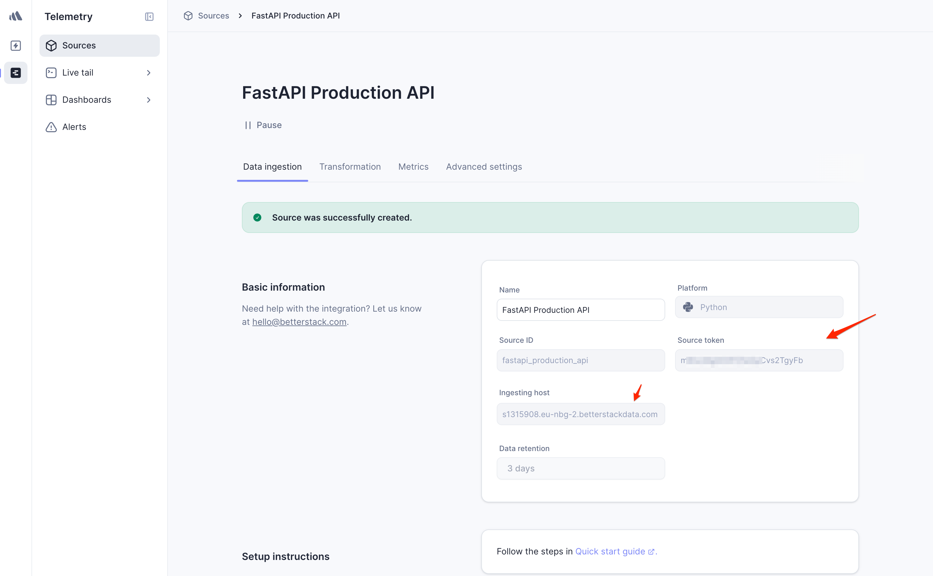Screenshot of source token and host