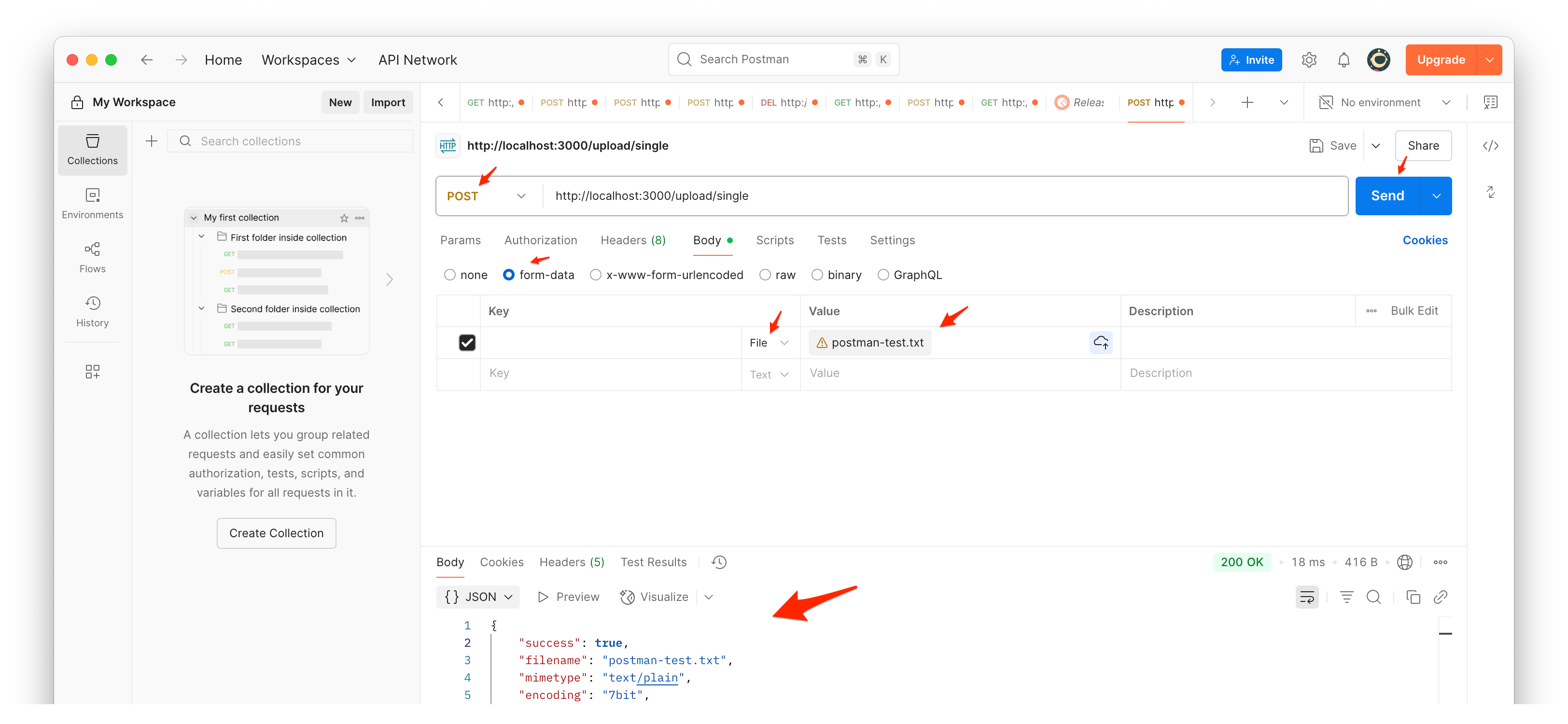 Screenshot of Postman interface showing the file upload configuration with form-data body type and file selection