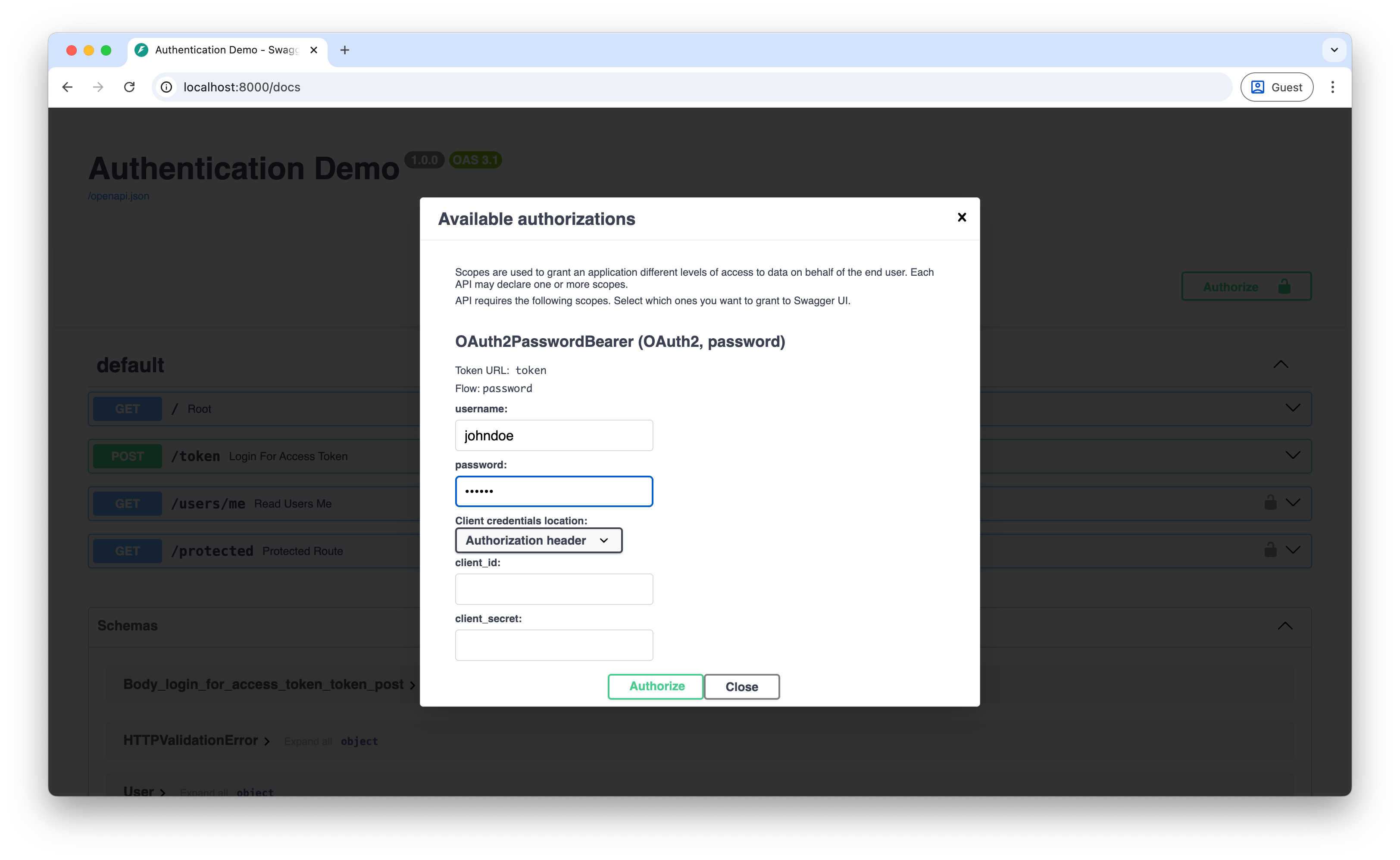 Screenshot of the login form filled