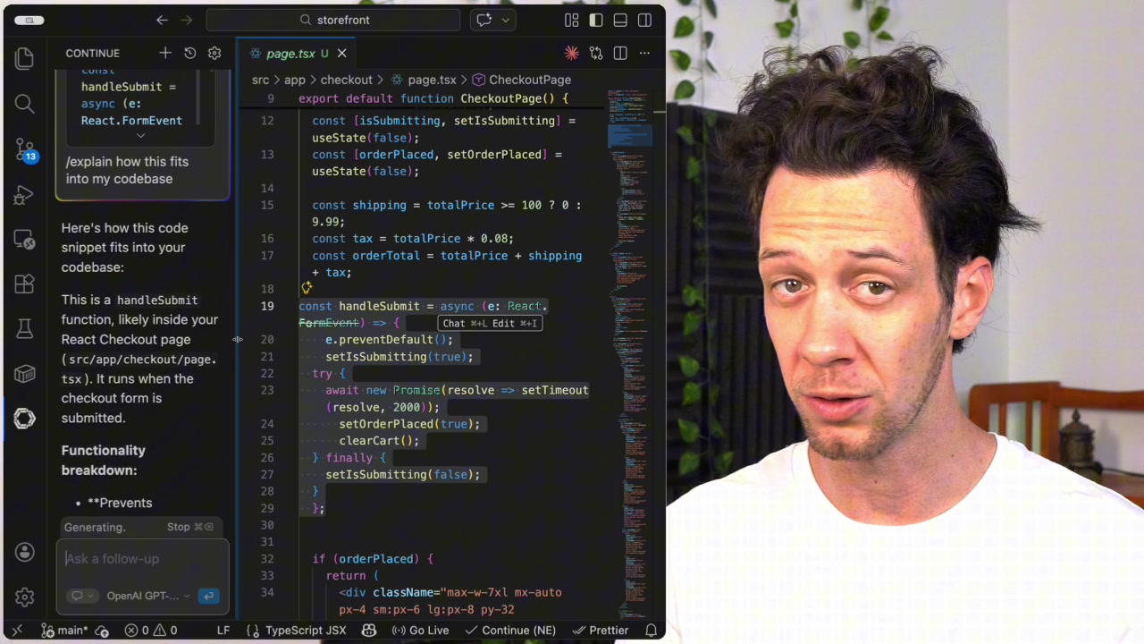 The Continue sidebar displaying a detailed, context-aware explanation for a selected code snippet, including a "Functionality breakdown" and "Usual Context".