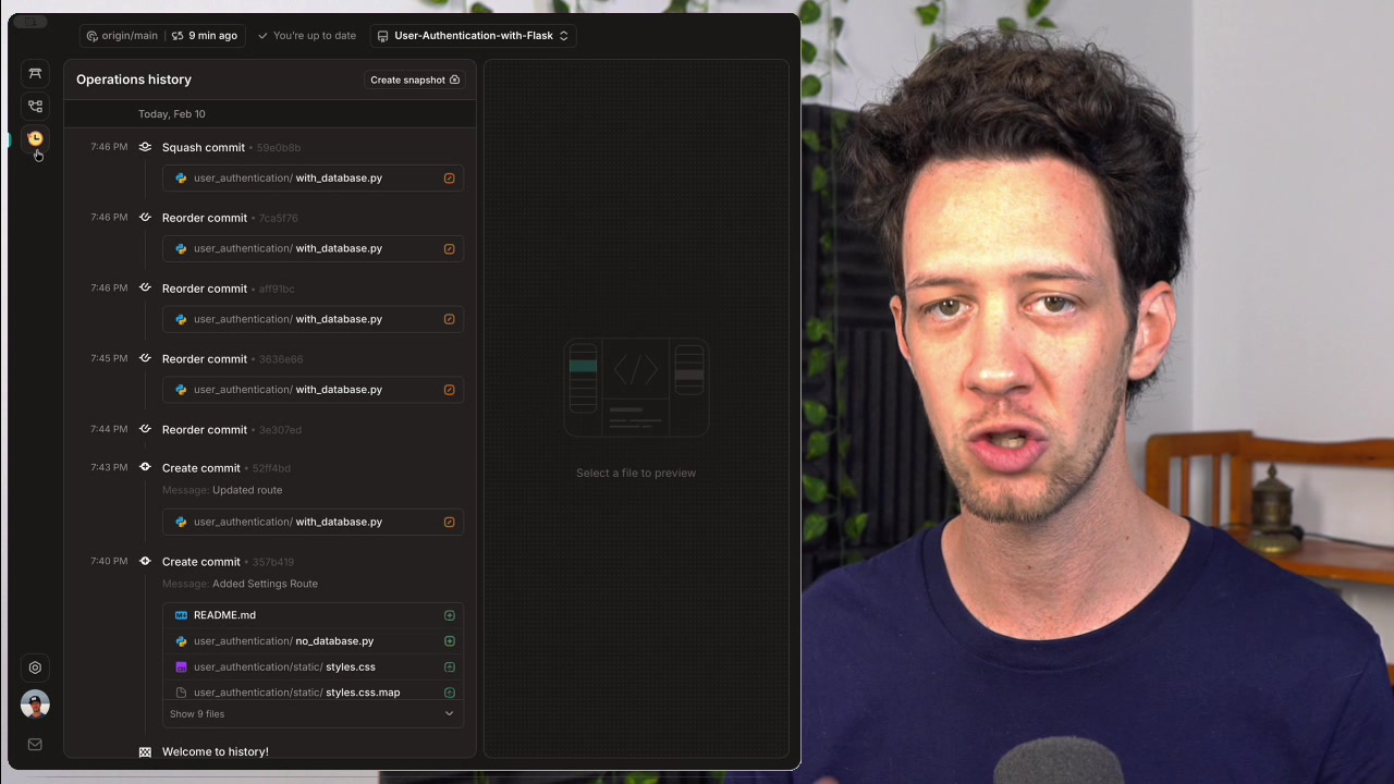 The "Operations history" panel, which displays a chronological list of all actions taken, such as creating, reordering, and squashing commits, each with a "Revert" option.