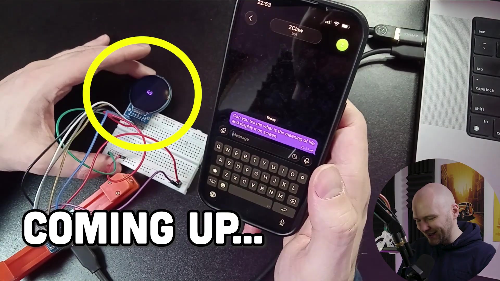 The climactic demonstration where a query about the meaning of life results in the number "42" being displayed on the circular screen.