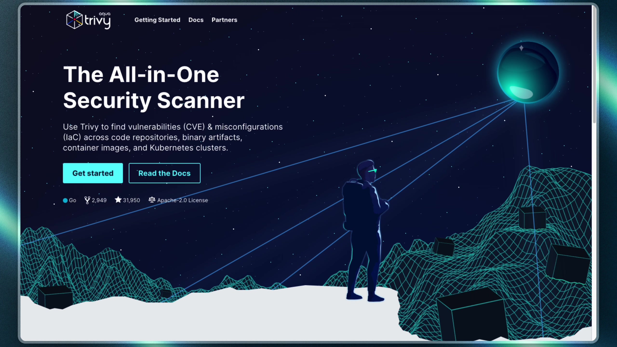 The official Trivy website, describing it as "The All-in-One Security Scanner" for finding vulnerabilities, misconfigurations, and more across various artifacts.