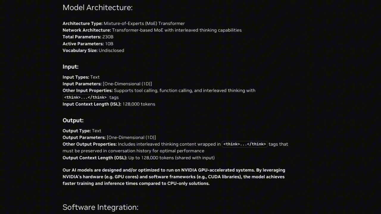 A screenshot of the MiniMax M2.5 model architecture specifications, highlighting the "Total Parameters: 230B" and "Active Parameters: 10B" lines.