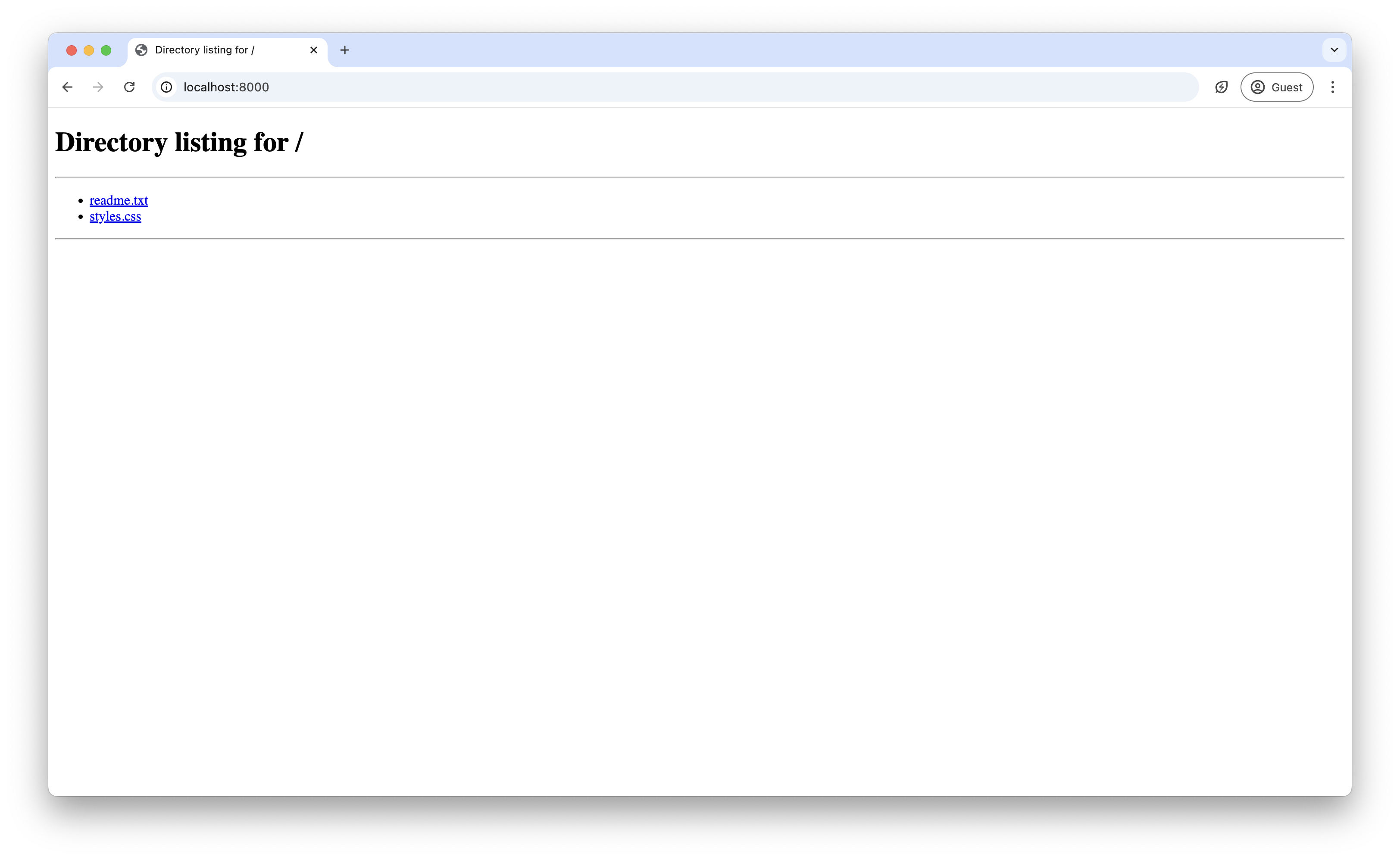 Screenshot of a web browser showing files served by Python HTTP server at localhost:8000