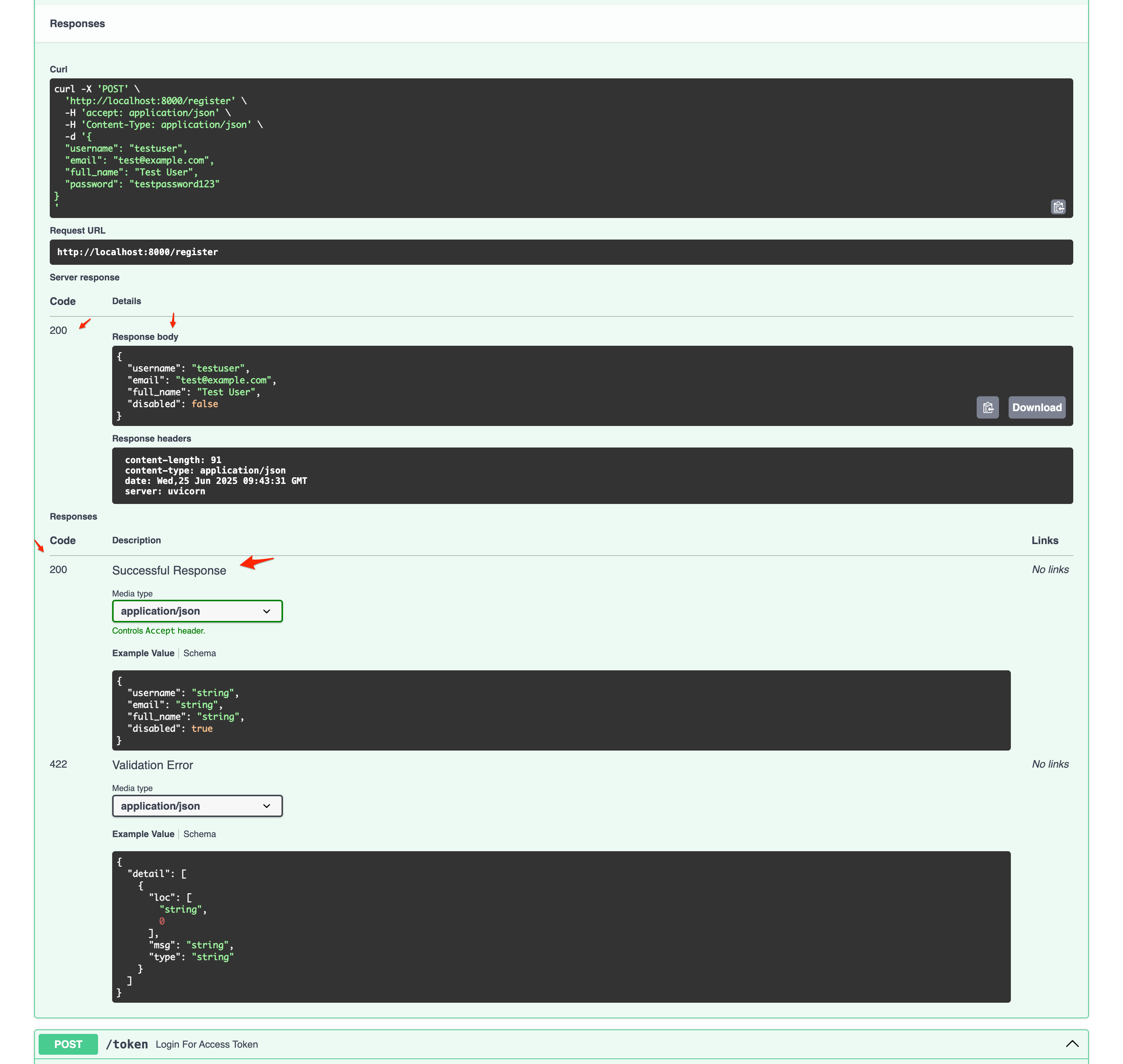 Screenshot showing successful user registration response