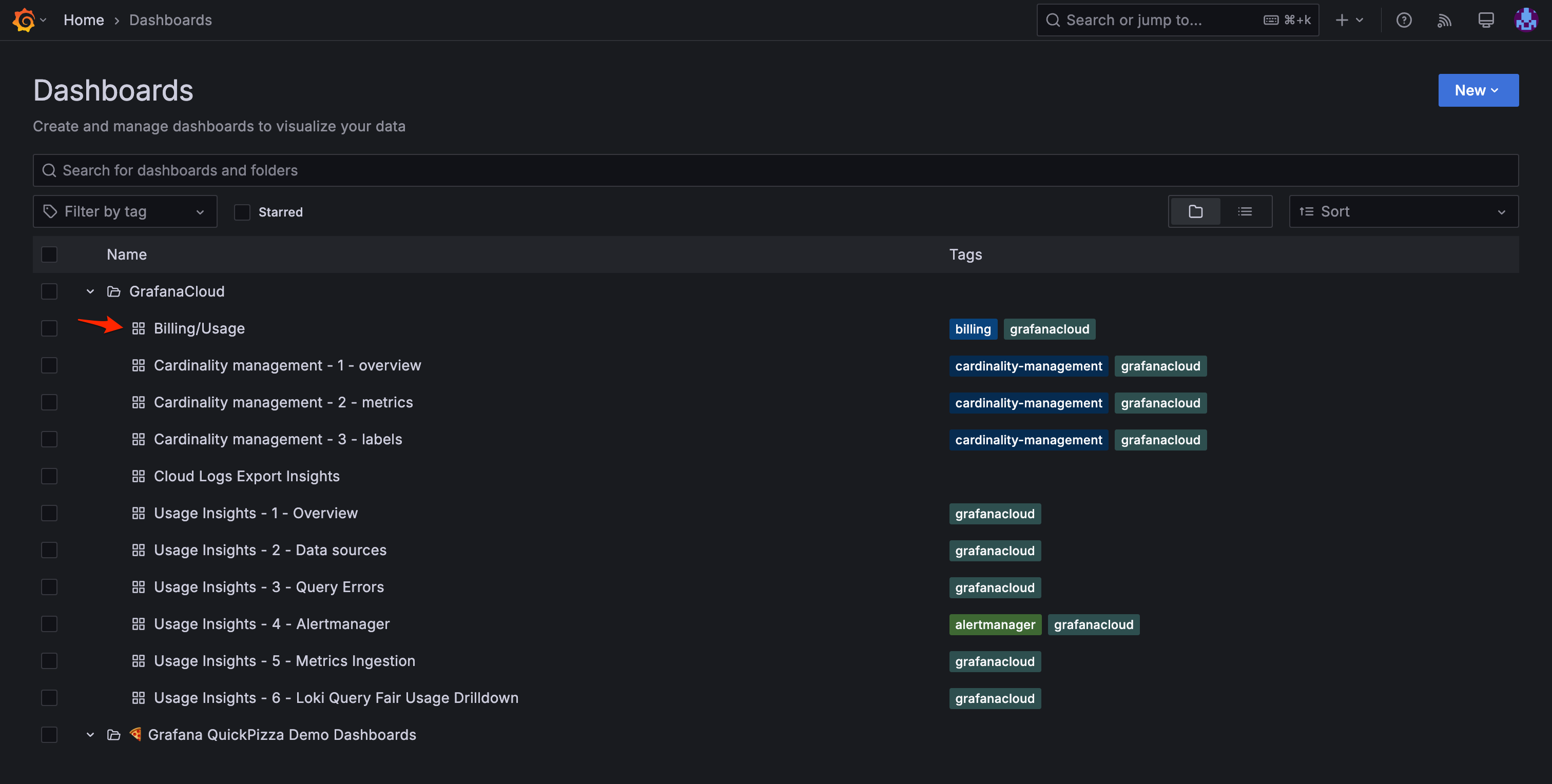 Screenshot of selecting the dashboard