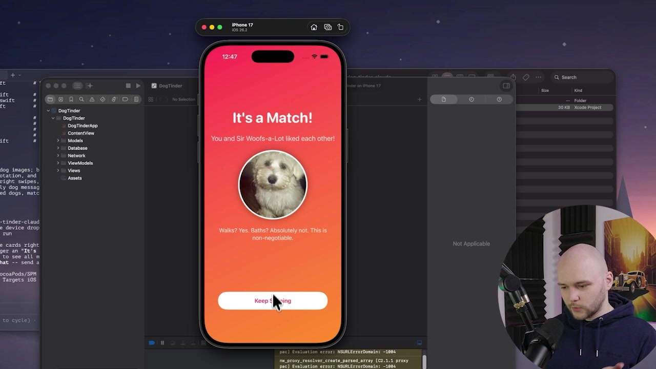 The final, beautifully designed "DogTinder" app created by Opus 4.6, showcasing its superior UI and functionality.