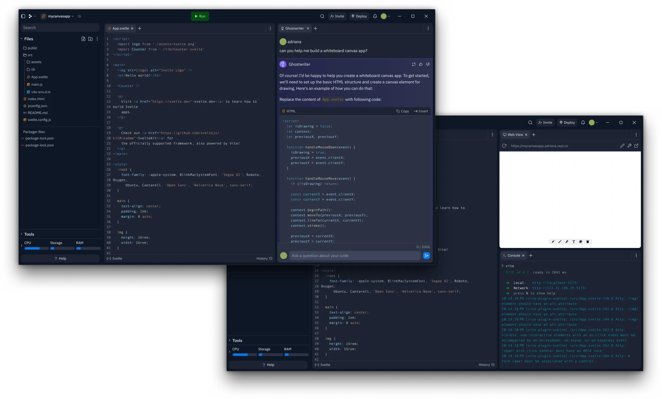 Replit Agent interface showing the build and refine workflow with visual editor and seamless integrations