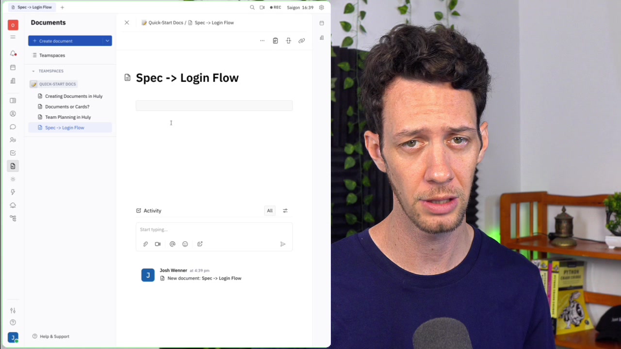 A Huly document showing a properly formatted and syntax-highlighted TypeScript code block, demonstrating its developer-friendly features.