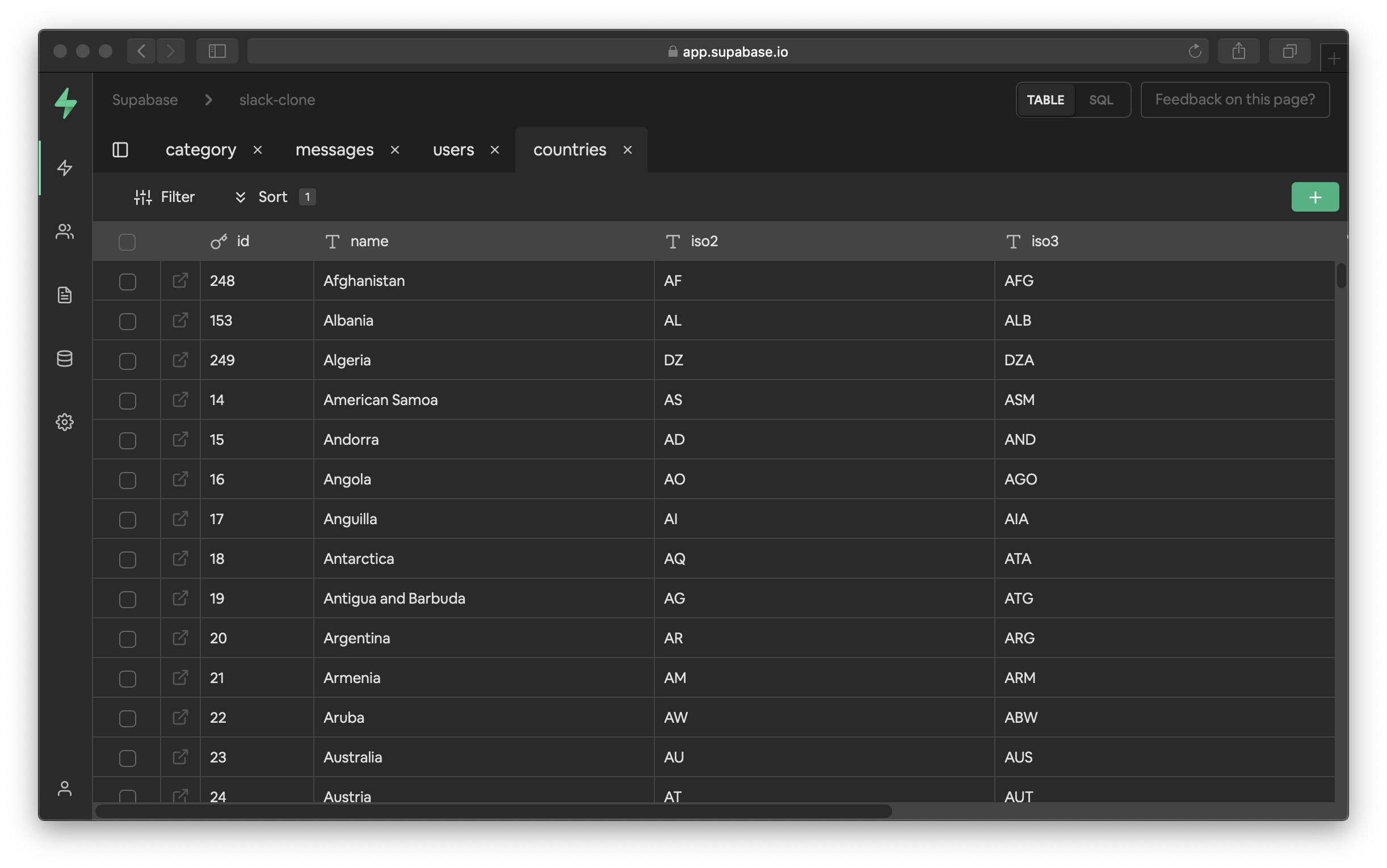 Screenshot of Supabase ui