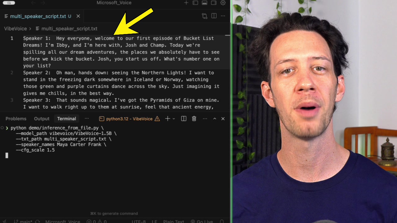 A split-screen view showing the `multi_speaker_script.txt` file on top and the corresponding terminal command being run below.