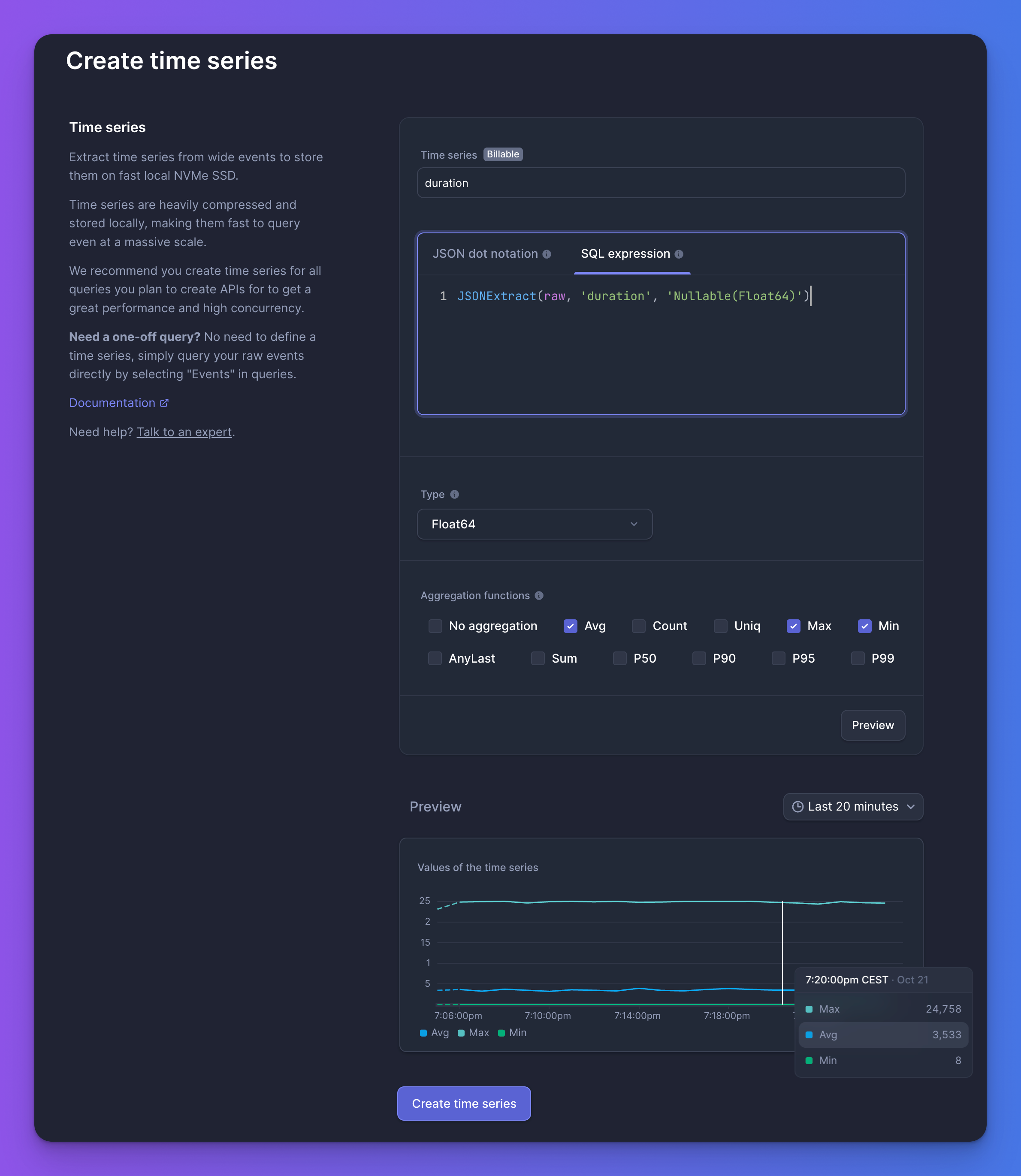 Duration aggregated time series example