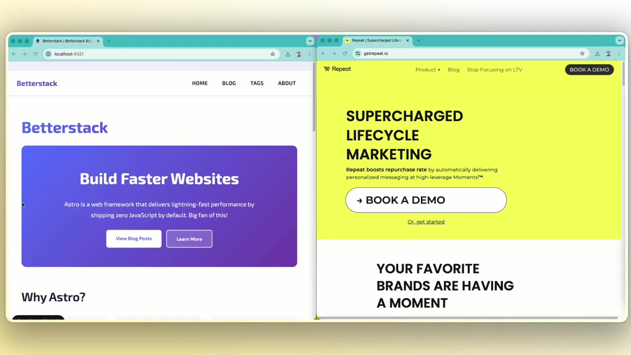 Side-by-side view of an Astro blog and a React-based website ready for performance testing