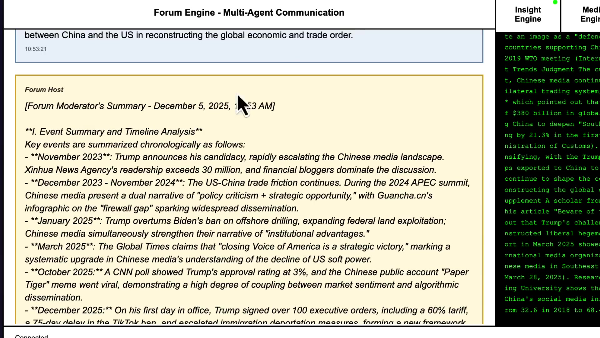An example of the Forum Engine's output, showing a "Forum Moderator's Summary" with a timeline analysis
