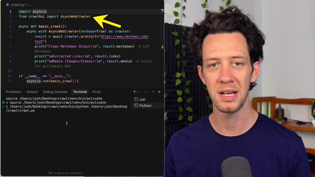 The basic crawl script is displayed in the code editor, showing its simplicity.