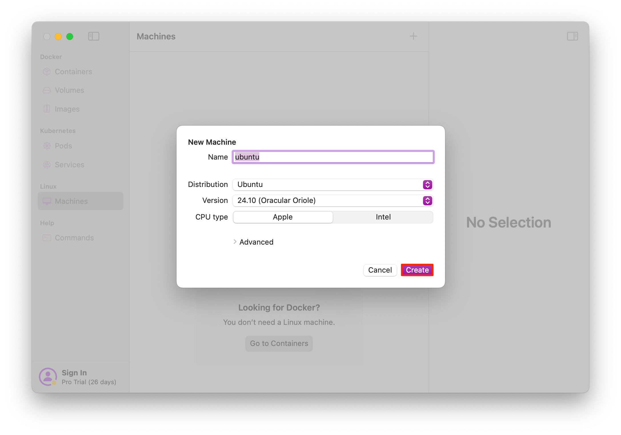 Screenshot of the machine creation dialog in OrbStack