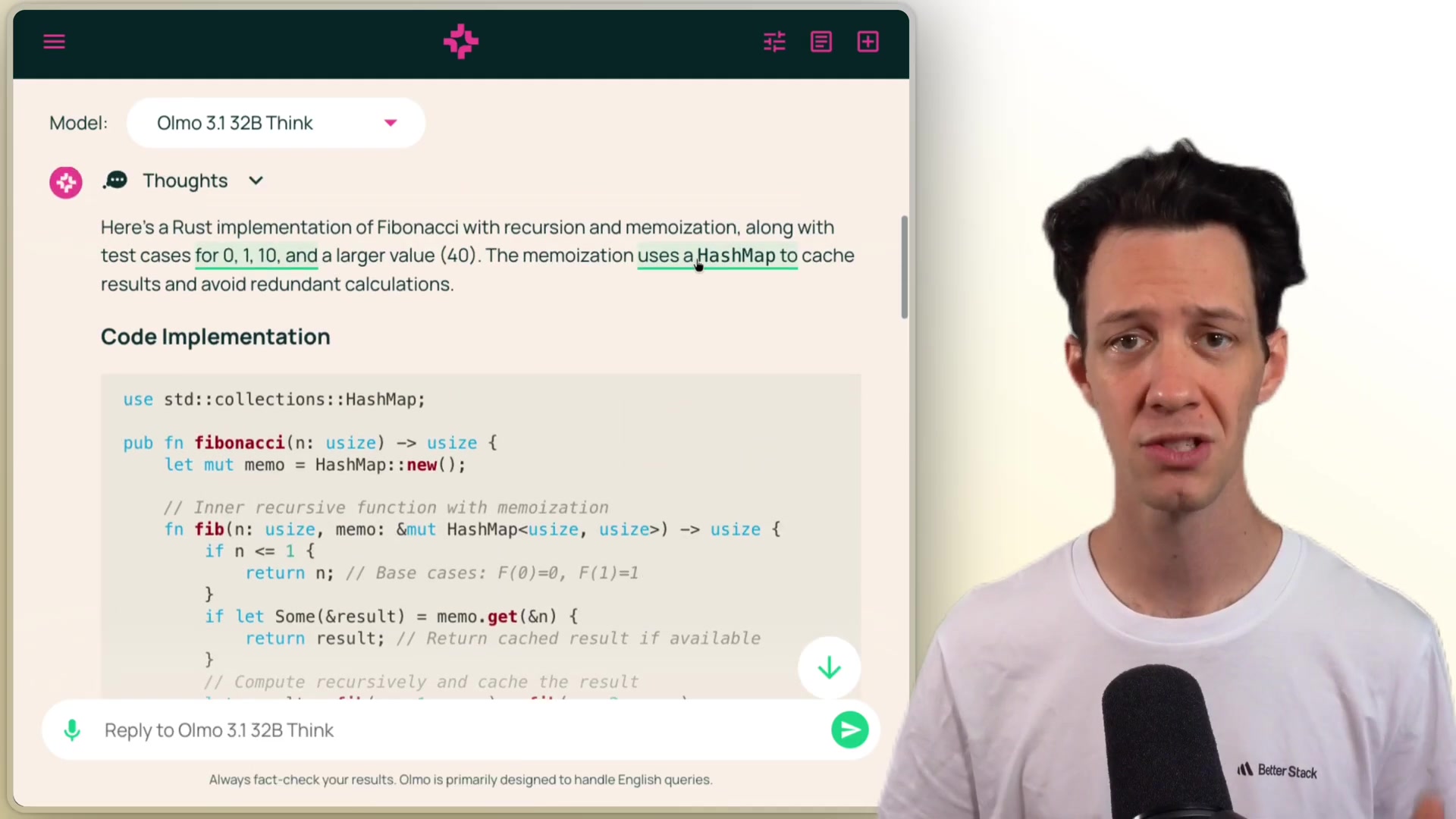 A clear screenshot showing the OlmoTrace interface in action. On the left is the model's code output, and on the right is the OlmoTrace panel displaying the source documents that influenced the generation.