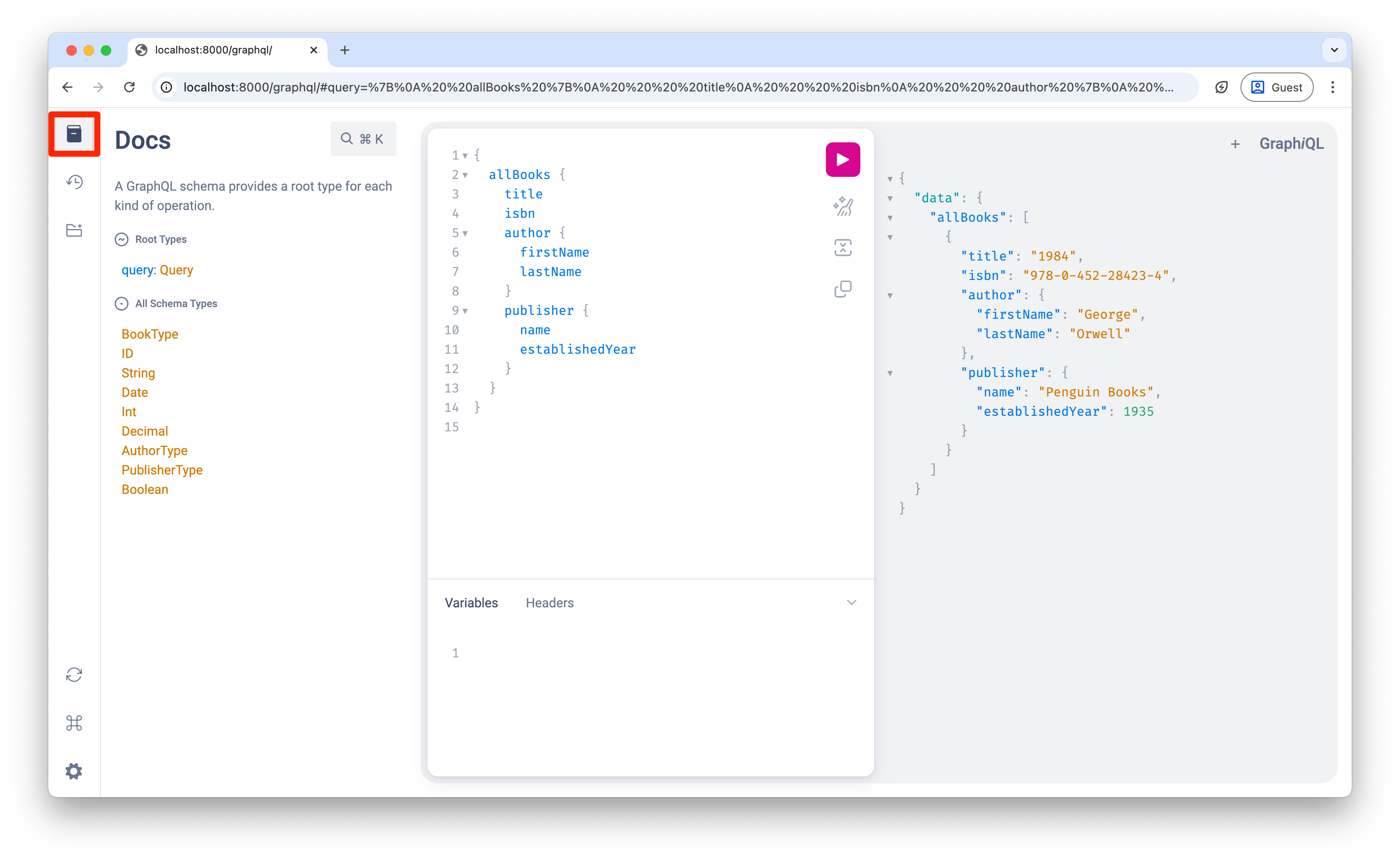 Screenshot showing the GraphiQL documentation panel