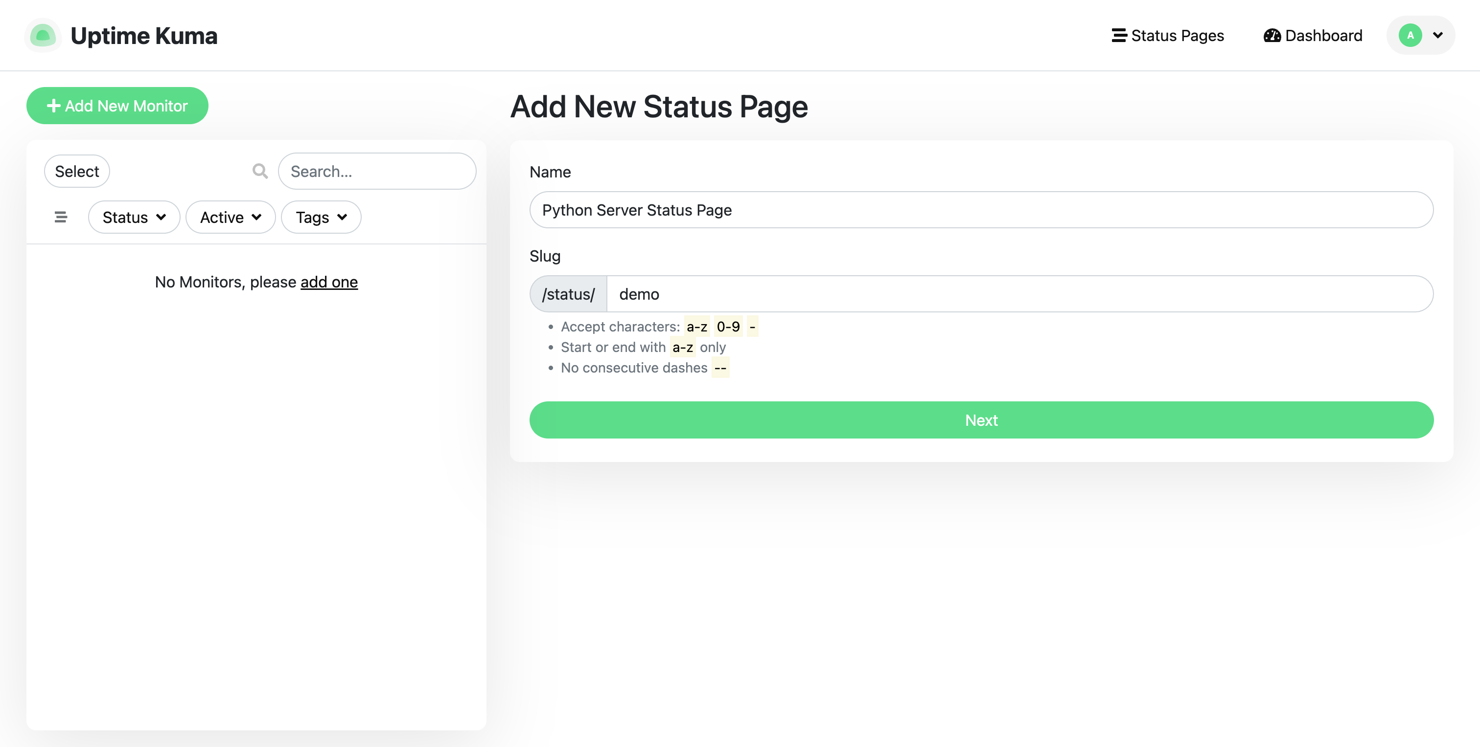 Screenshot showing where to enter the status page name